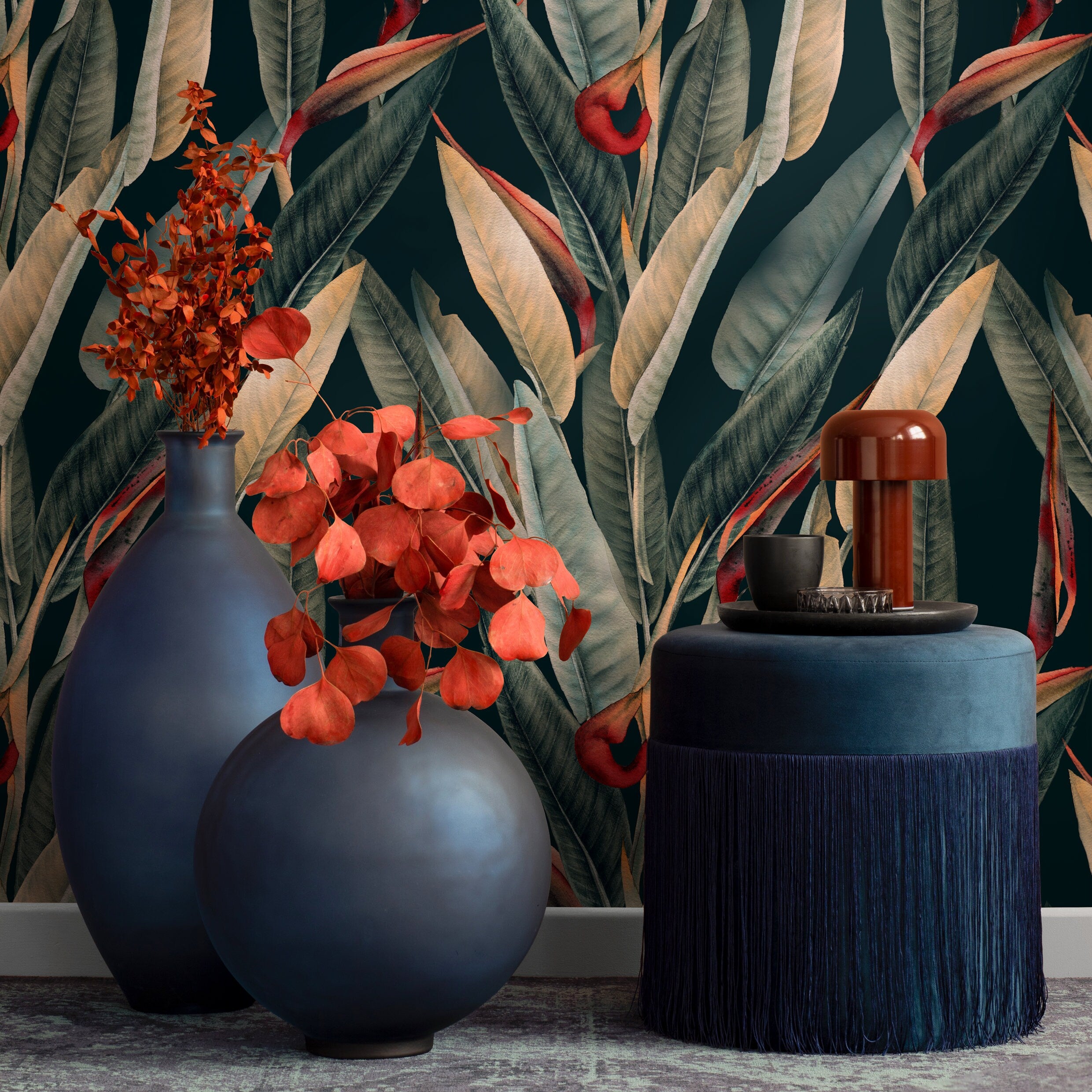 Botanical Wallpaper With Bird Of Paradise Leaves In Dark Green, Beige, And Red - B036