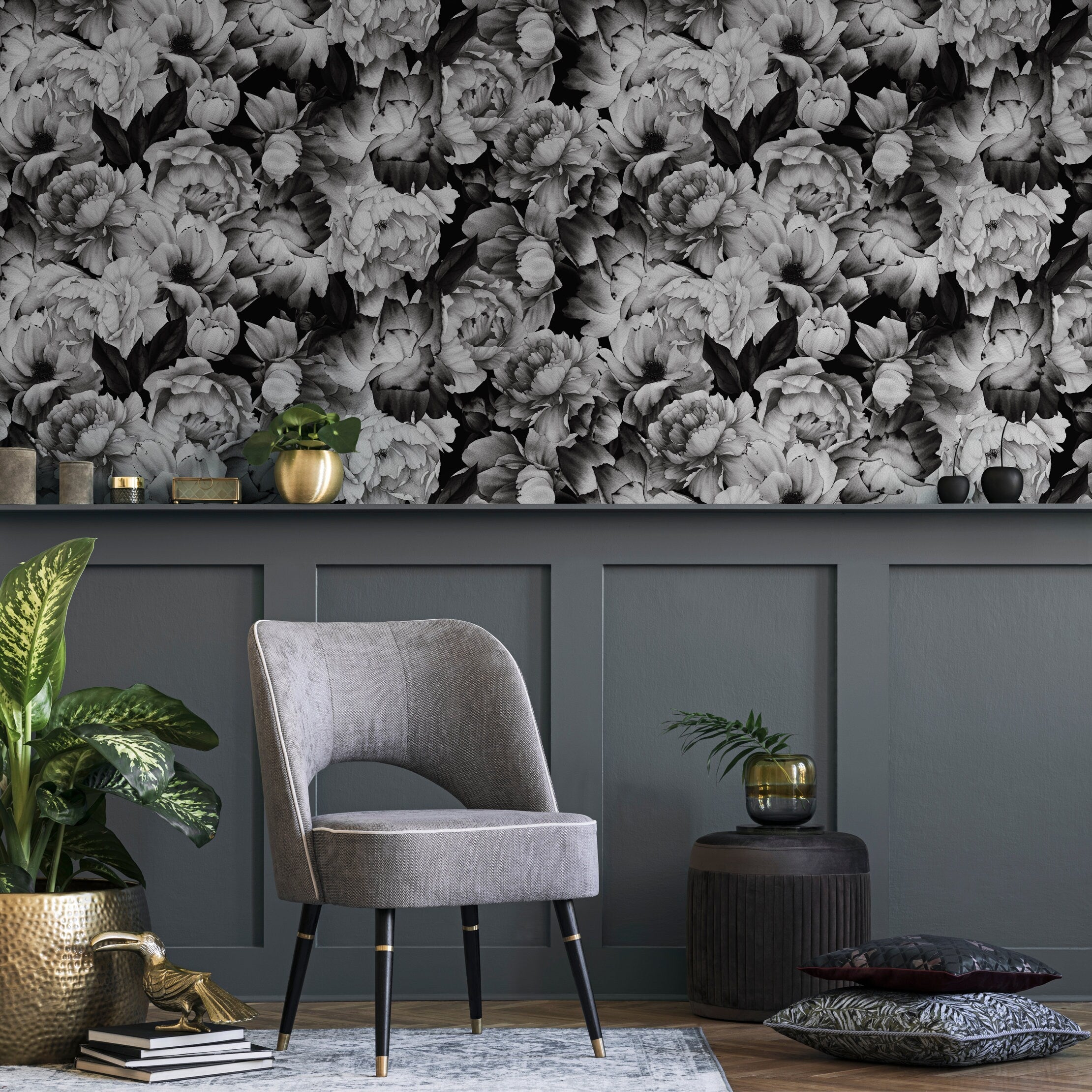 Floral Wallpaper With Watercolor Peonies In Black And White - B045