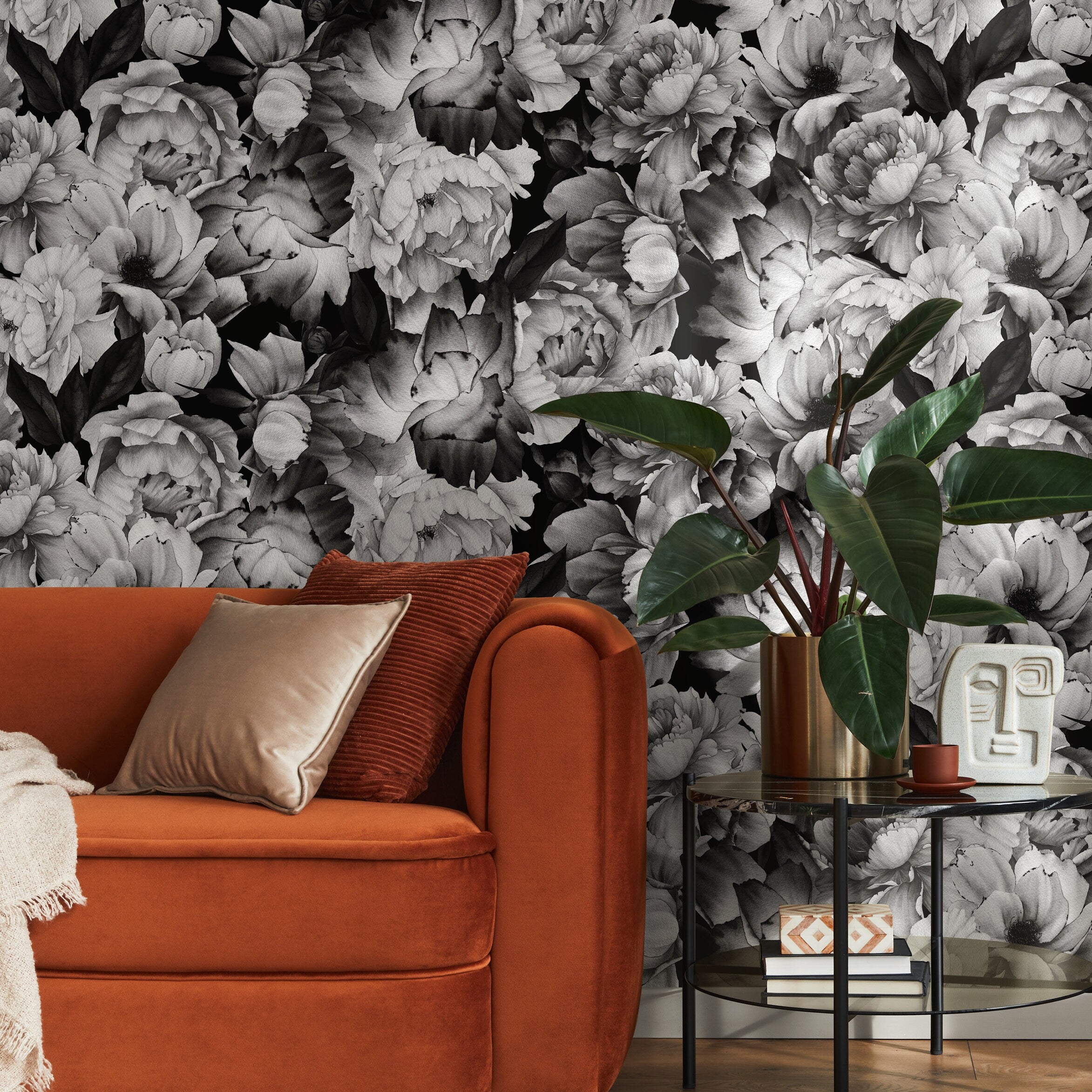 Floral Wallpaper With Watercolor Peonies In Black And White - B045