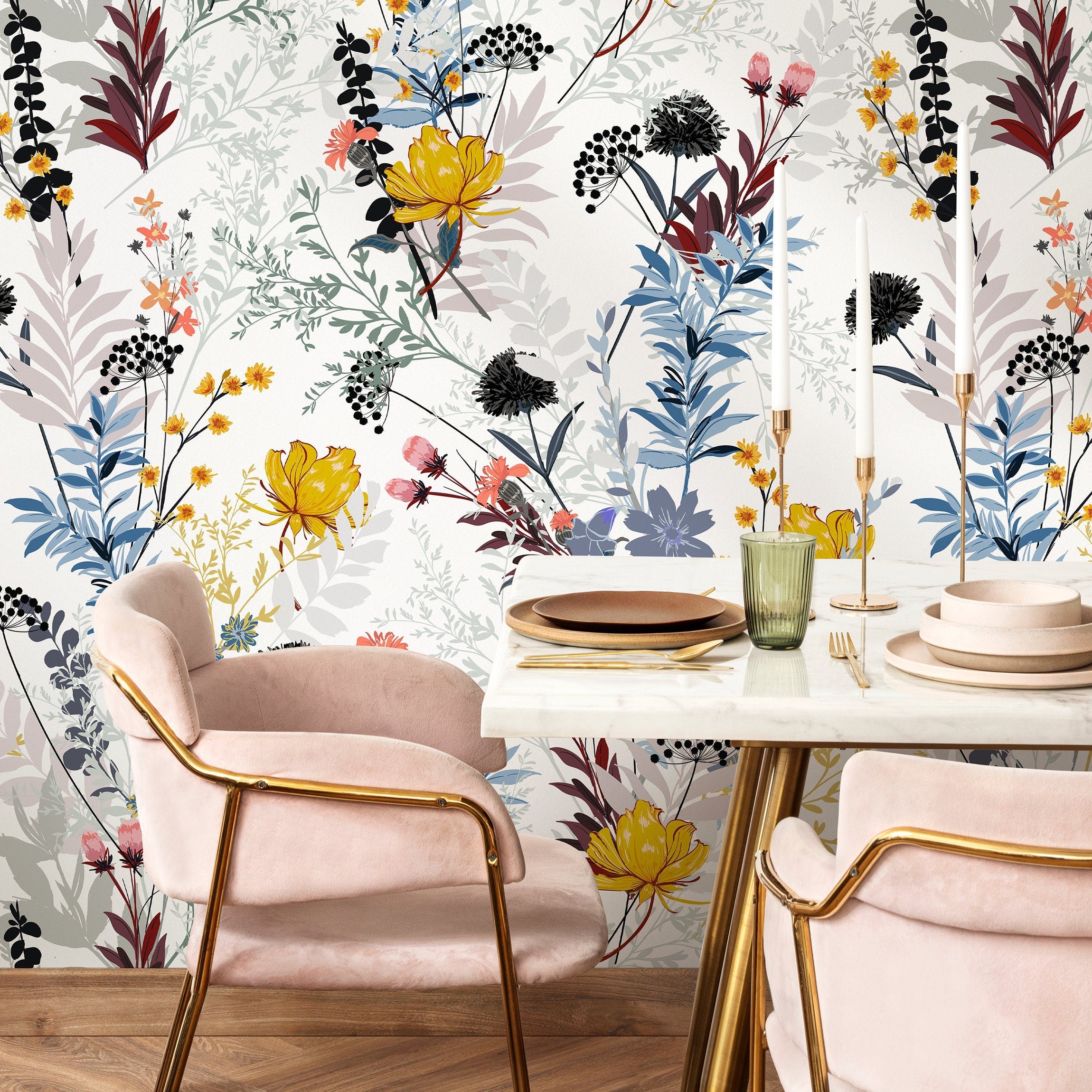 Floral Wallpaper With A Wildflower Meadow Motif In Yellow, Blue, And Red - B048