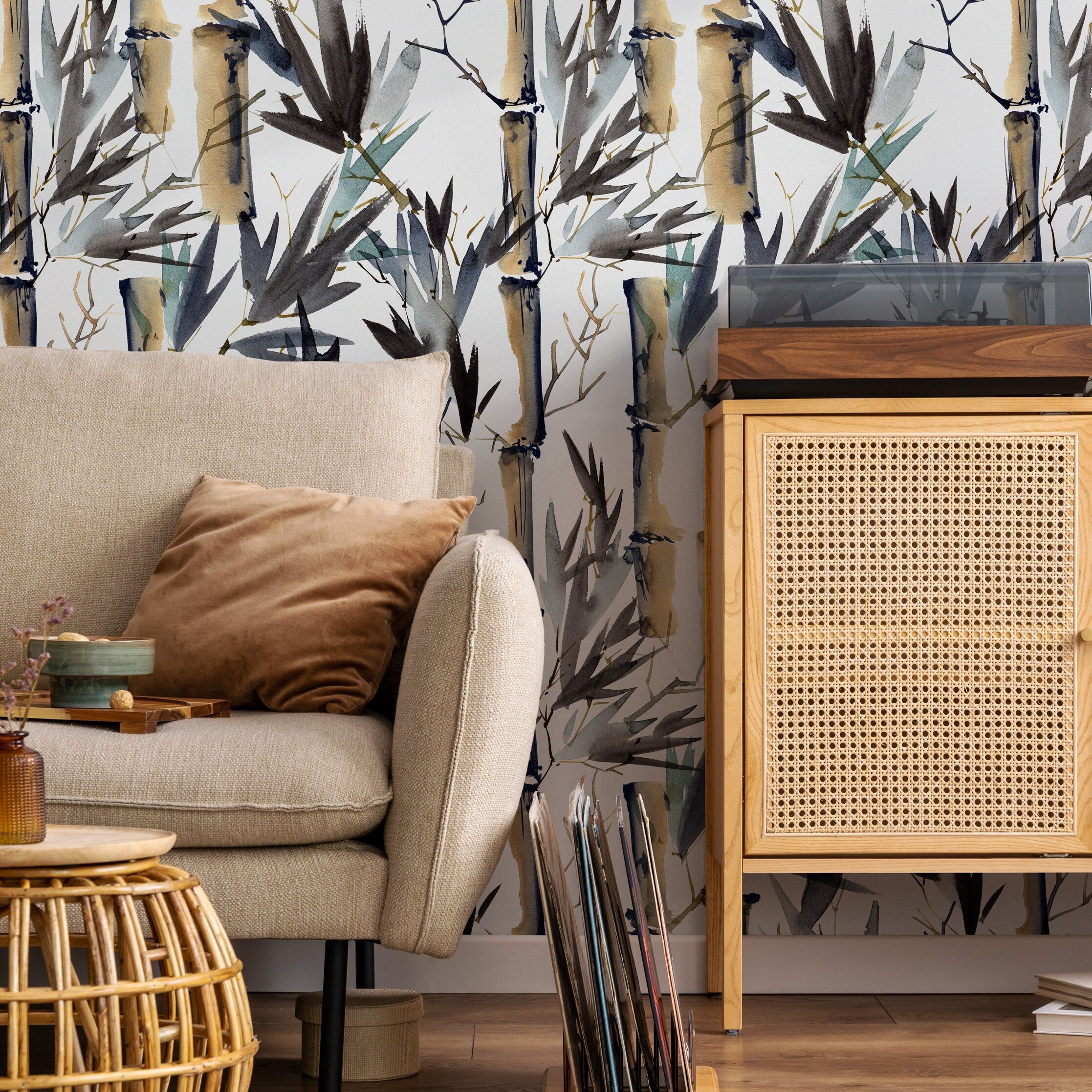 Japanese Wallpaper With A Watercolor Bamboo Forest Motif In Beige, Blue, And Black - B052