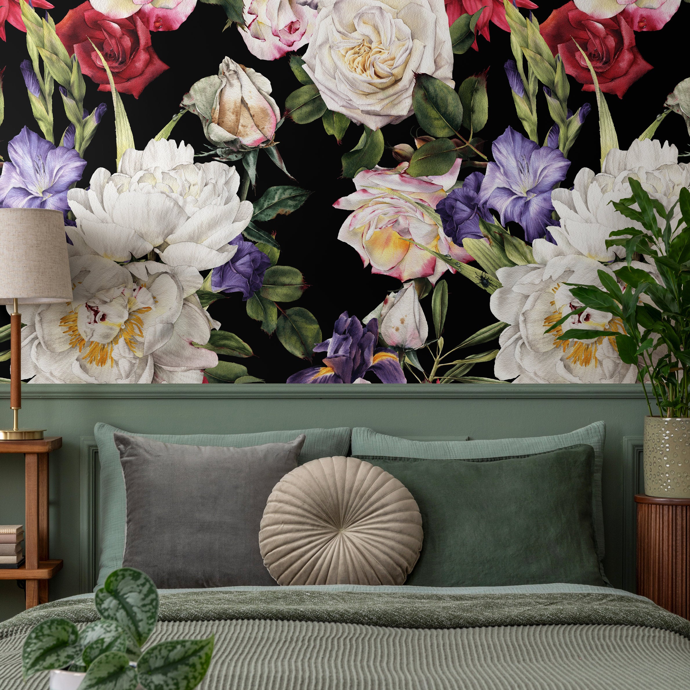 Floral Wallpaper With Peonies And Roses In White, Red, And Purple - B061