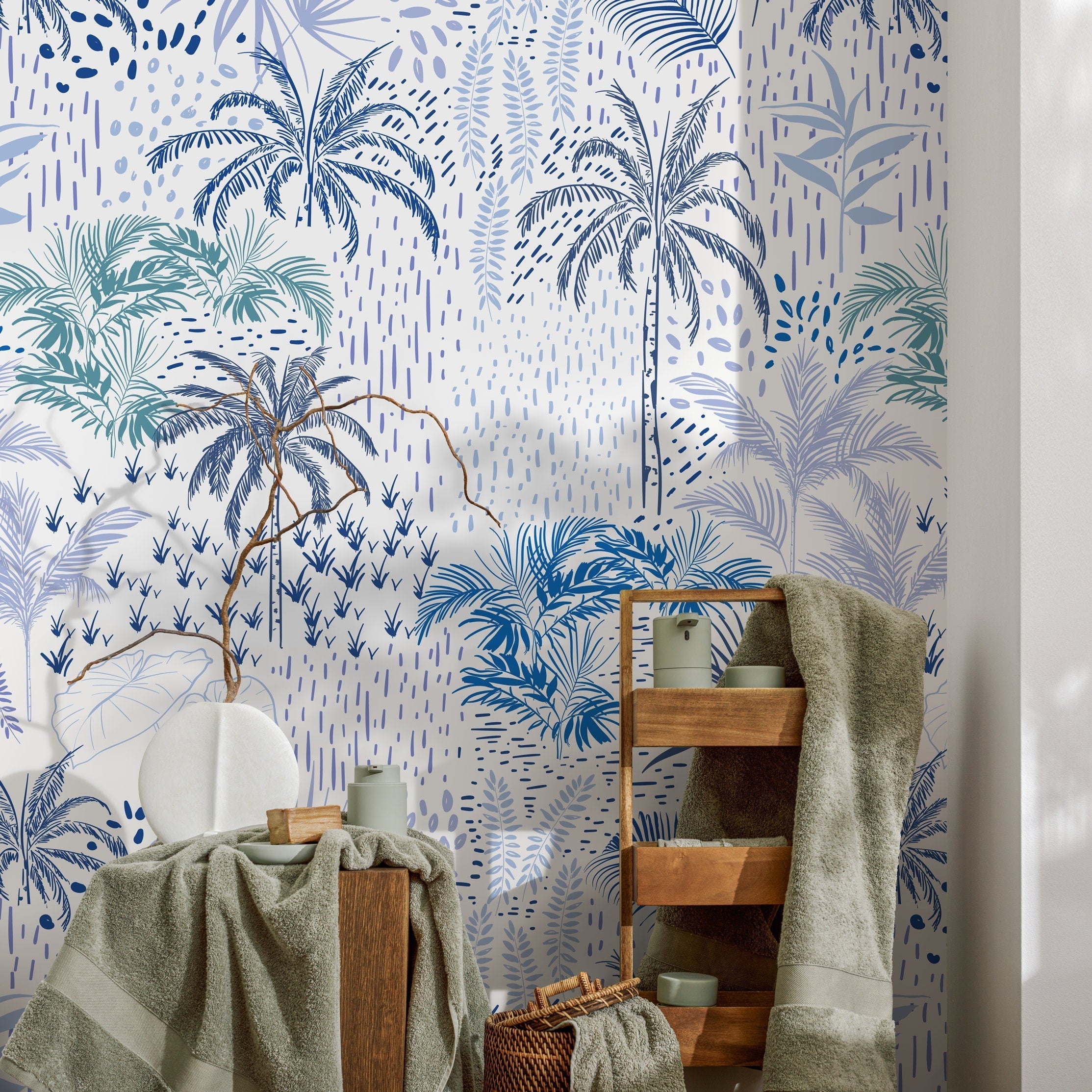 Botanical Wallpaper Featuring A Coastal Palm Motif In Dark Blue And Light Blue - B089