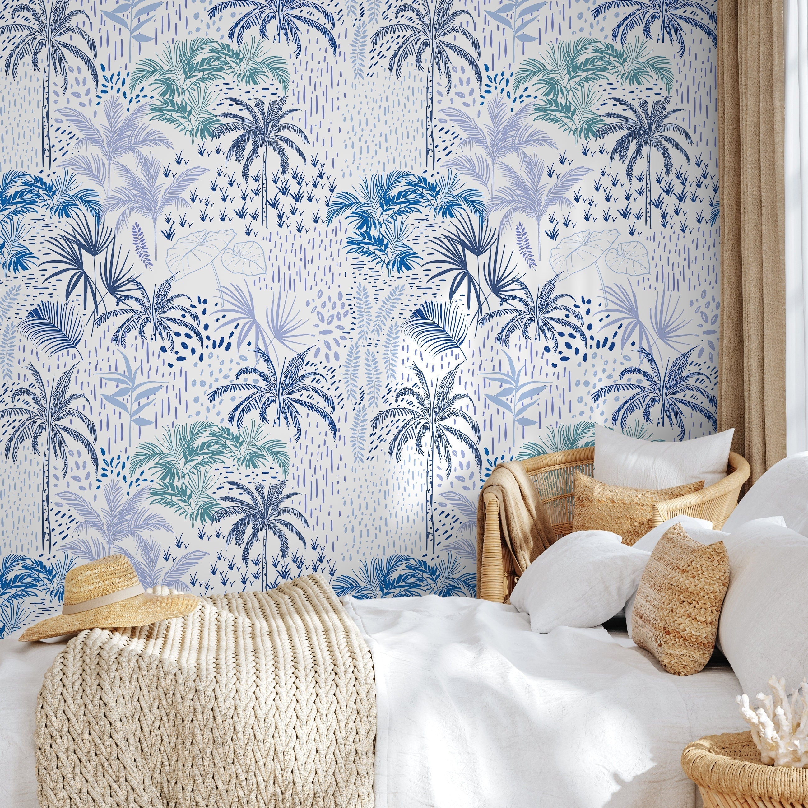 Botanical Wallpaper Featuring A Coastal Palm Motif In Dark Blue And Light Blue - B089