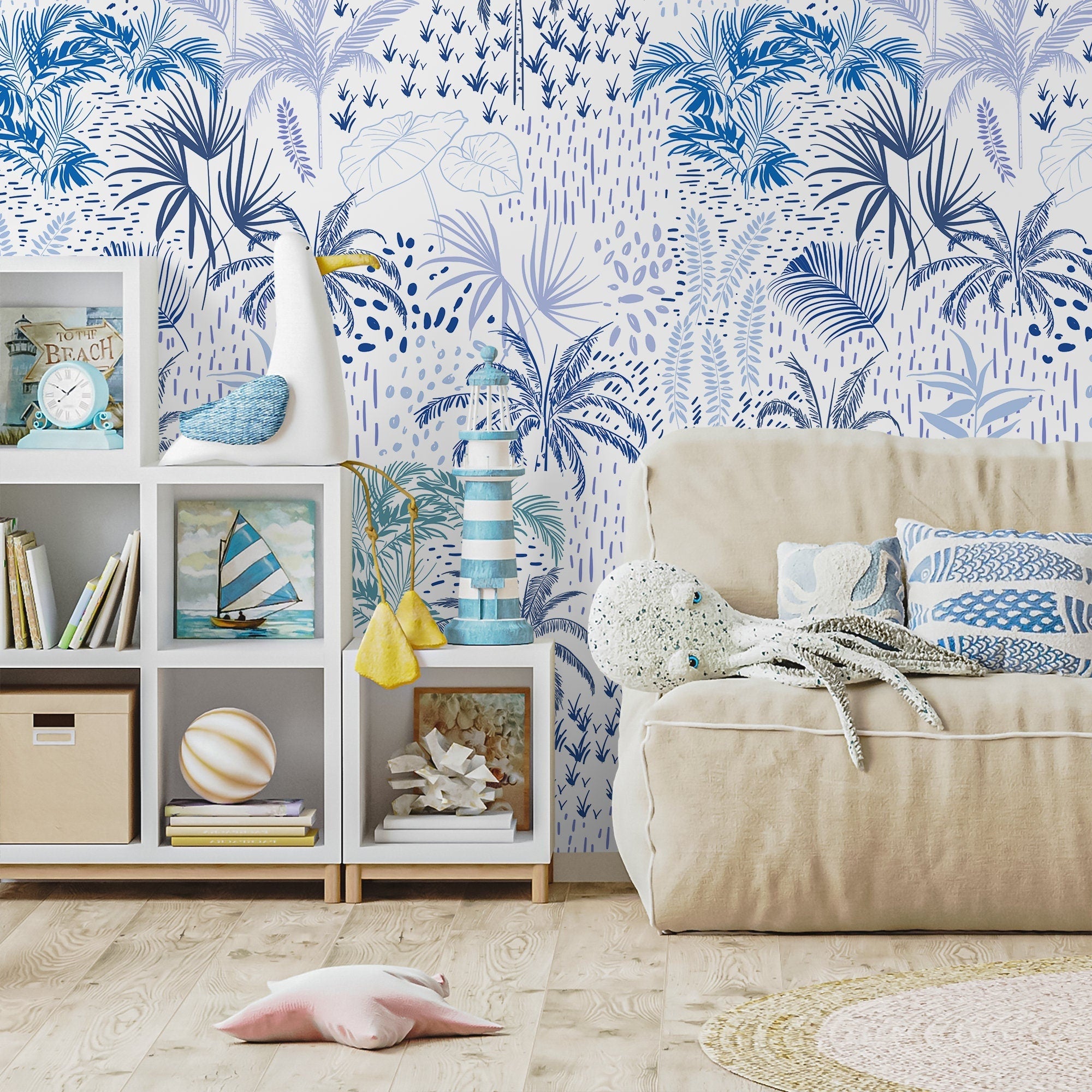 Botanical Wallpaper Featuring A Coastal Palm Motif In Dark Blue And Light Blue - B089