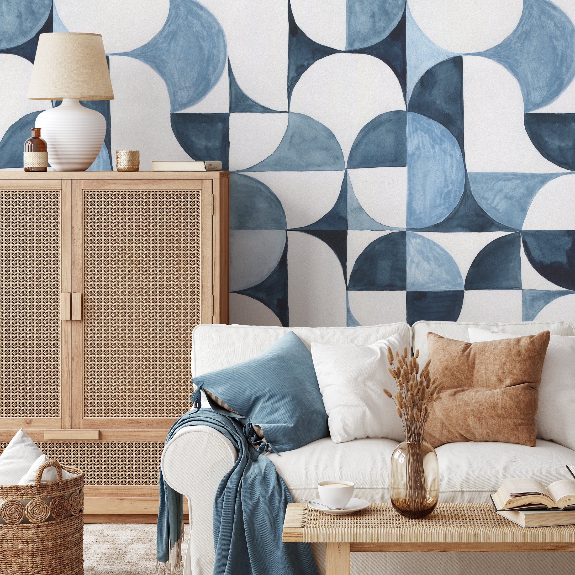 Geometric Wallpaper With A Watercolor Circle Motif In Shades Of Blue - B091
