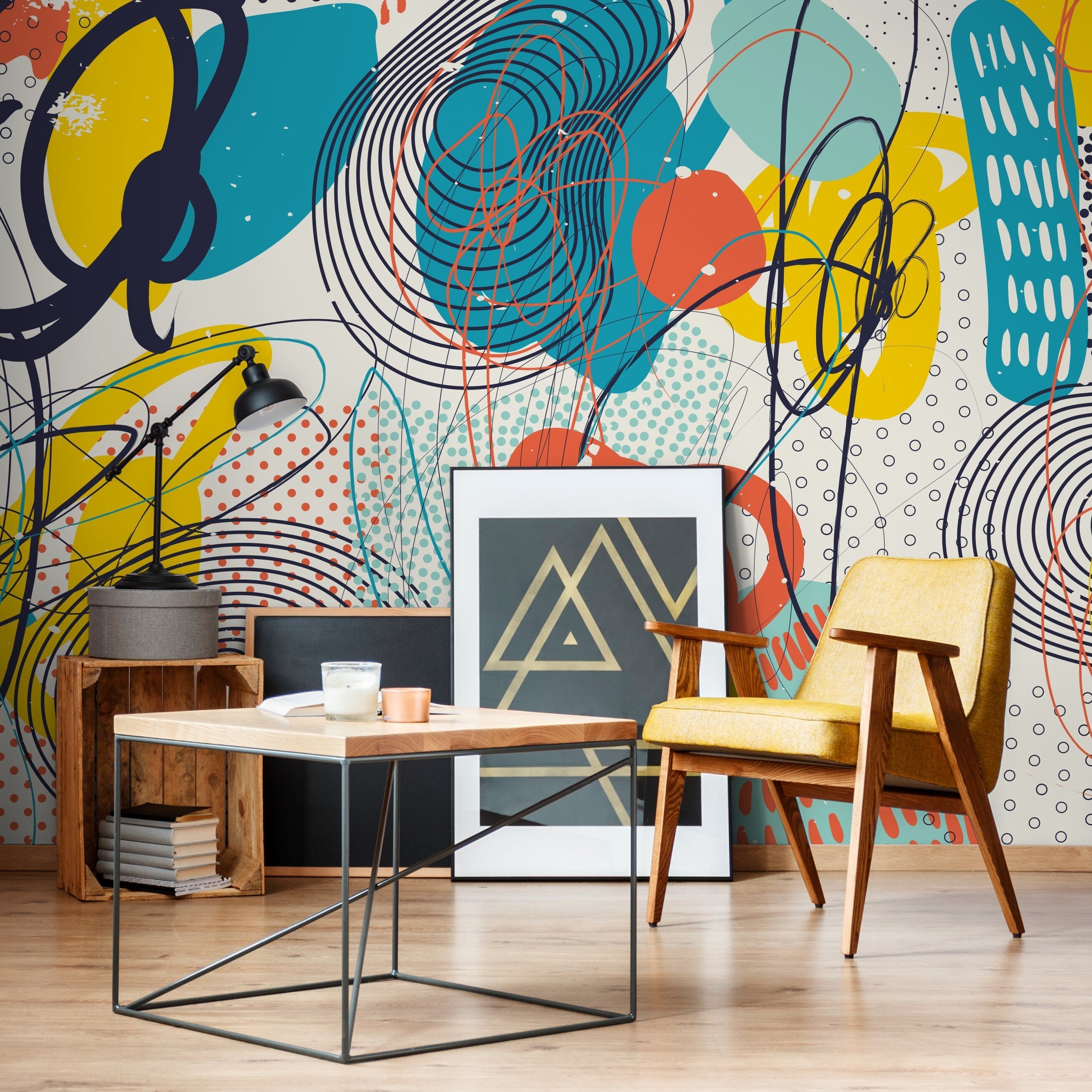 Abstract Wallpaper With Energetic Scribbles In Teal, Orange, And Yellow - B094