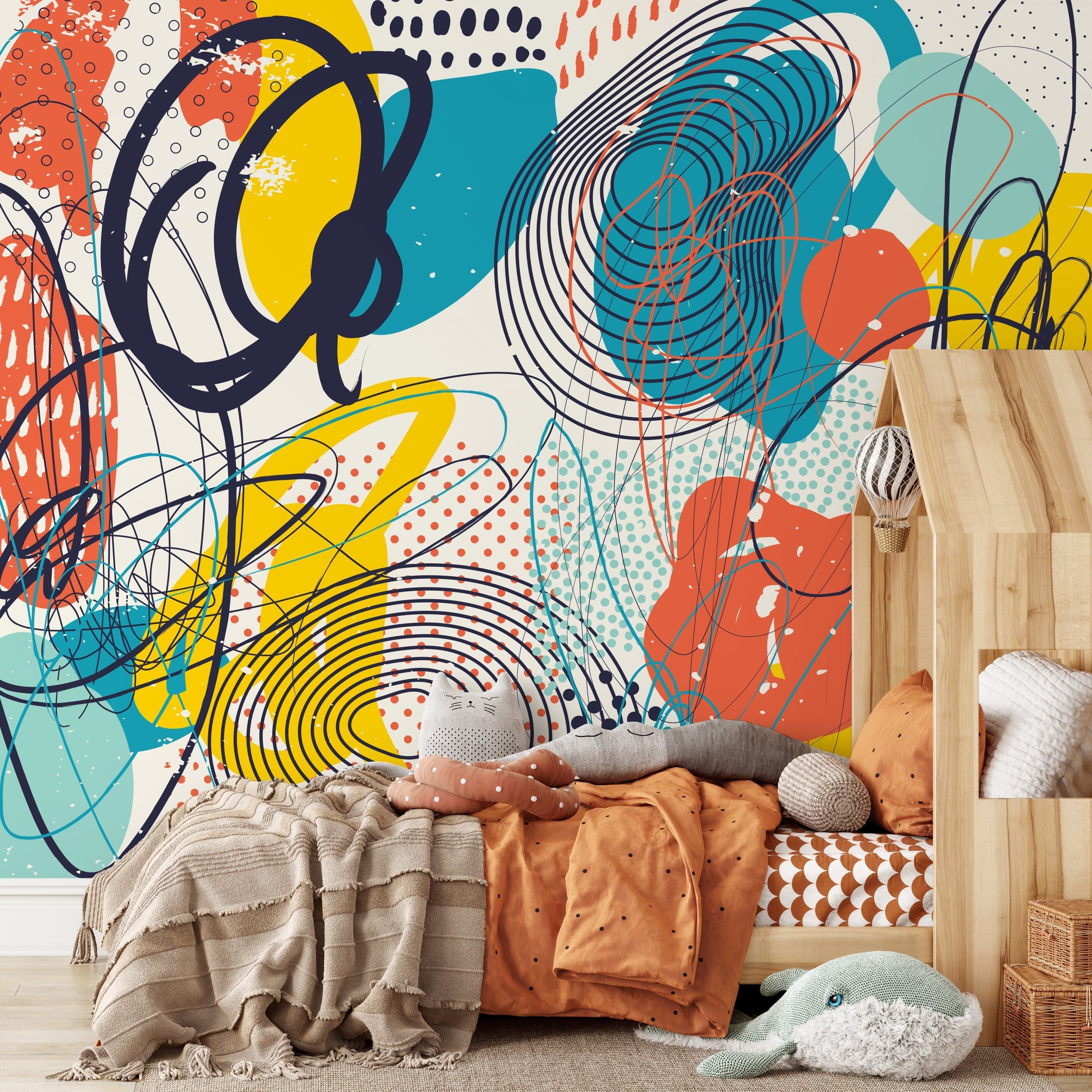 Abstract Wallpaper With Energetic Scribbles In Teal, Orange, And Yellow - B094