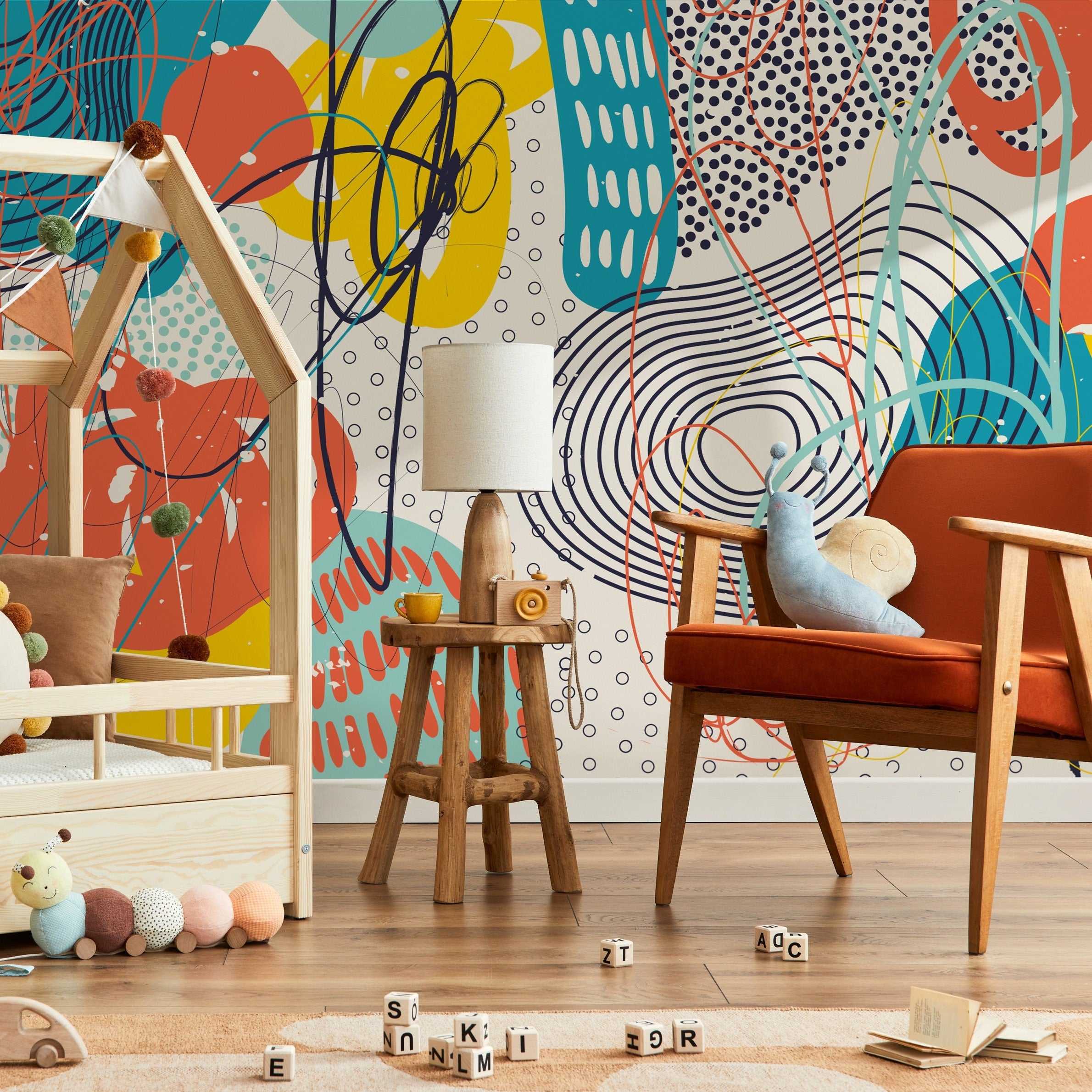 Abstract Wallpaper With Energetic Scribbles In Teal, Orange, And Yellow - B094