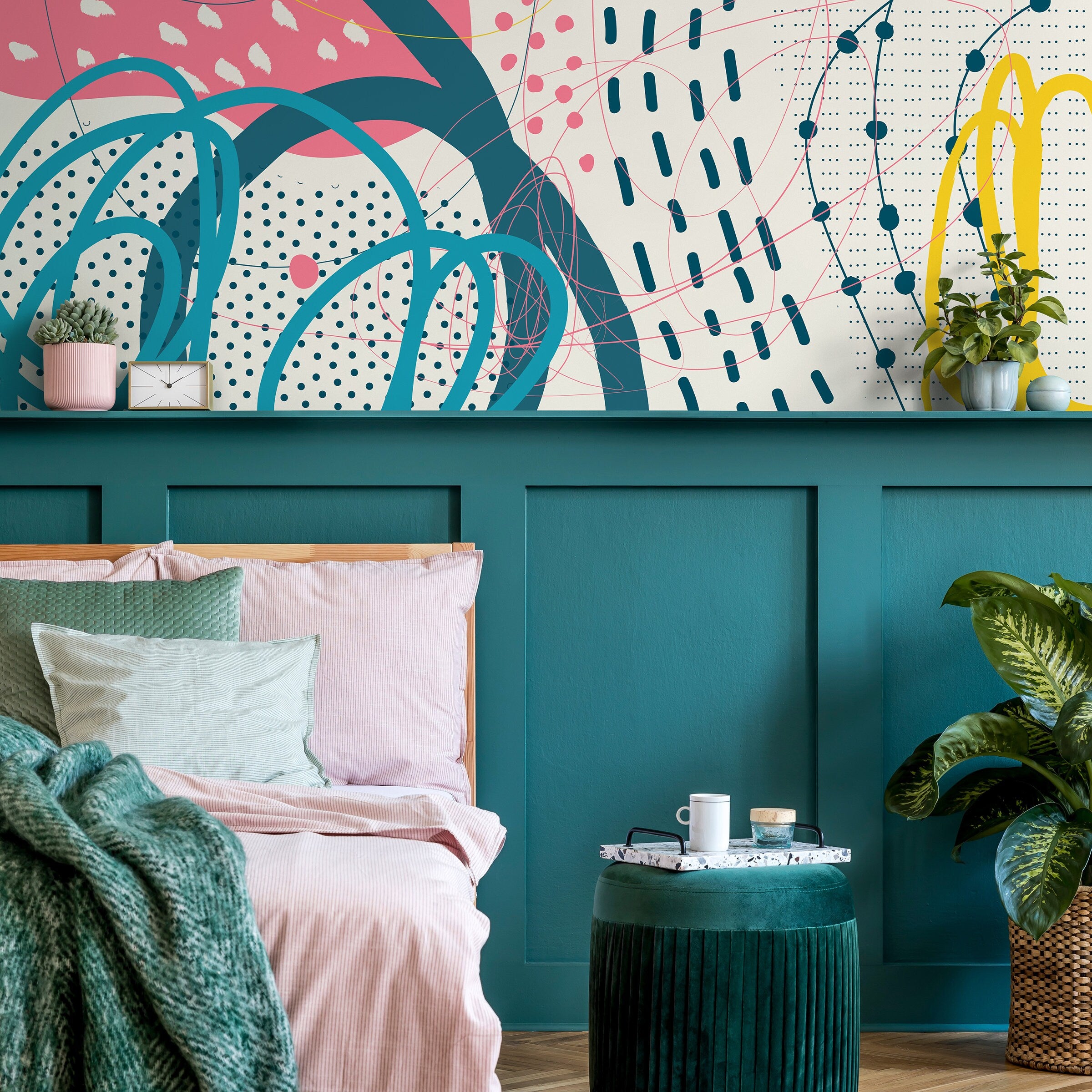 Abstract Wallpaper With A Playful Collage Of Shapes In Teal, Pink, And Yellow - B095