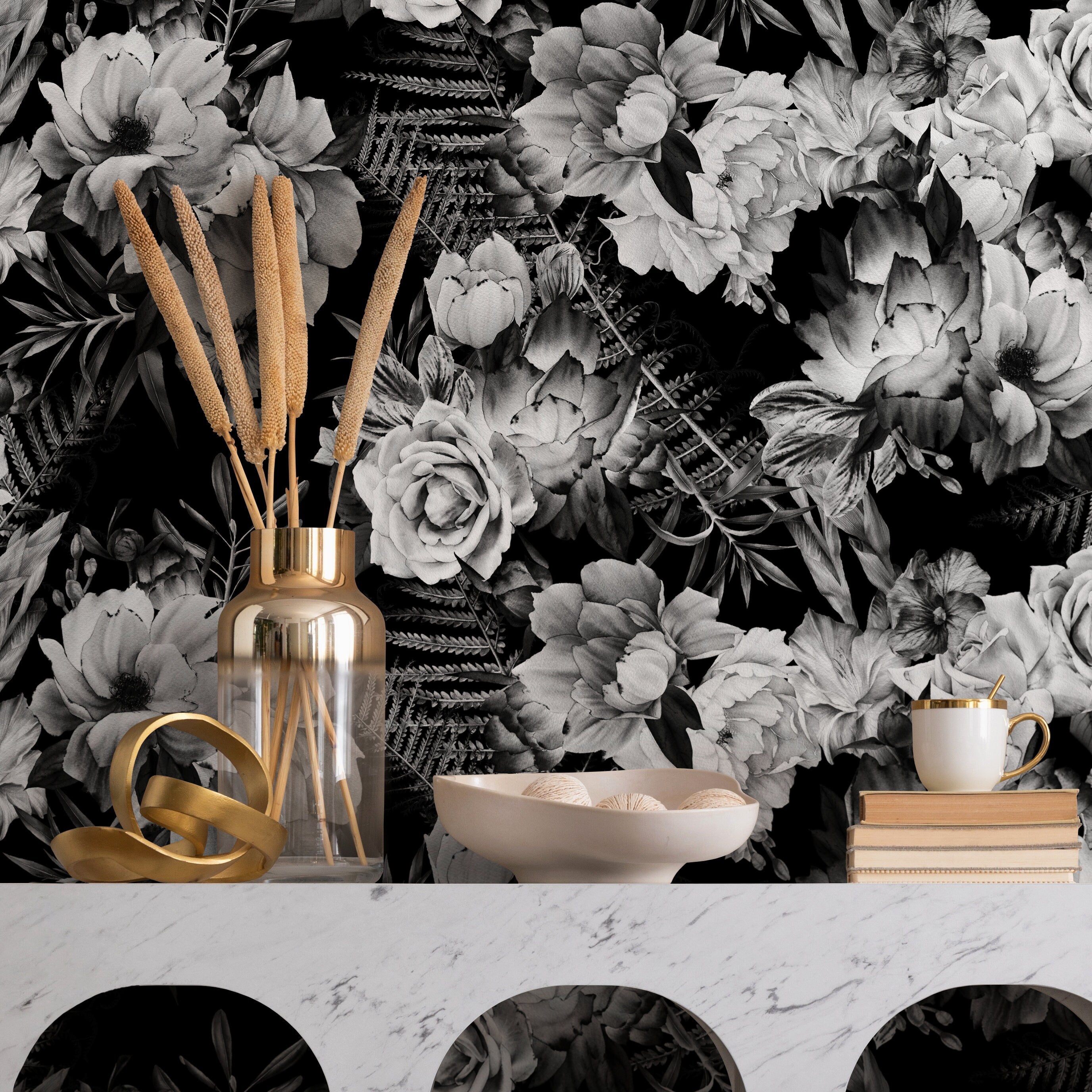 Floral Wallpaper With Dramatic Peonies And Roses In Black And White - B099