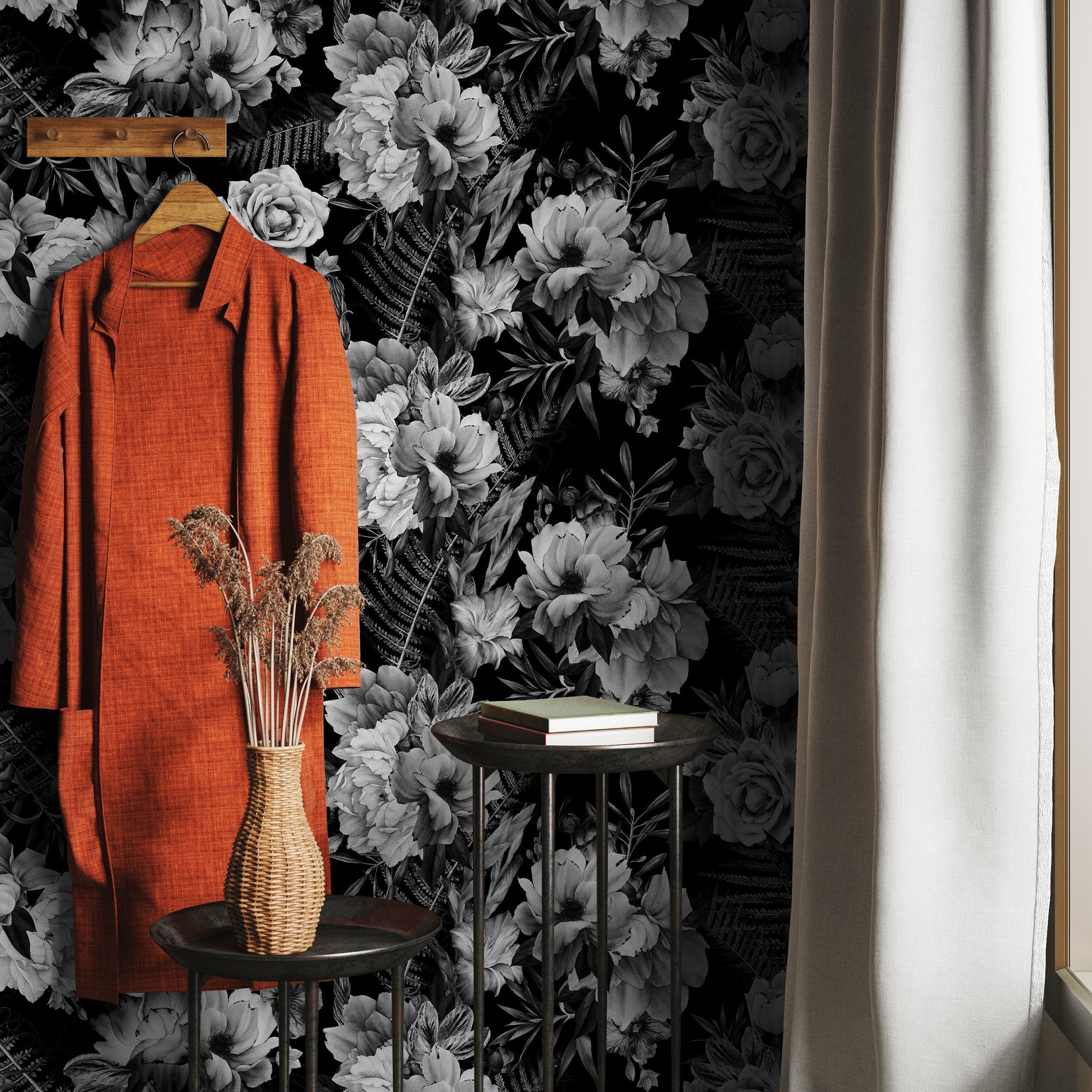 Floral Wallpaper With Dramatic Peonies And Roses In Black And White - B099