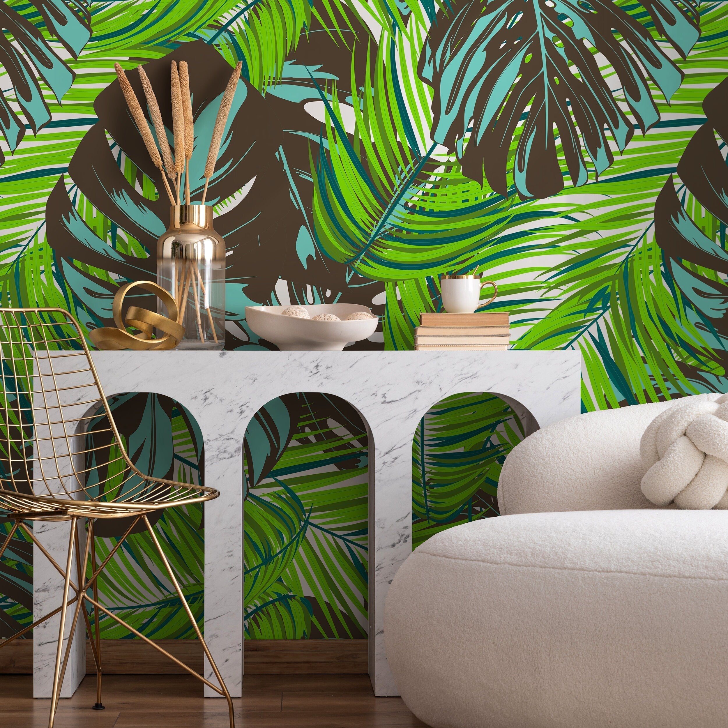 Tropical Wallpaper With Lush Monstera Leaves In Green, Blue, And Brown - B104