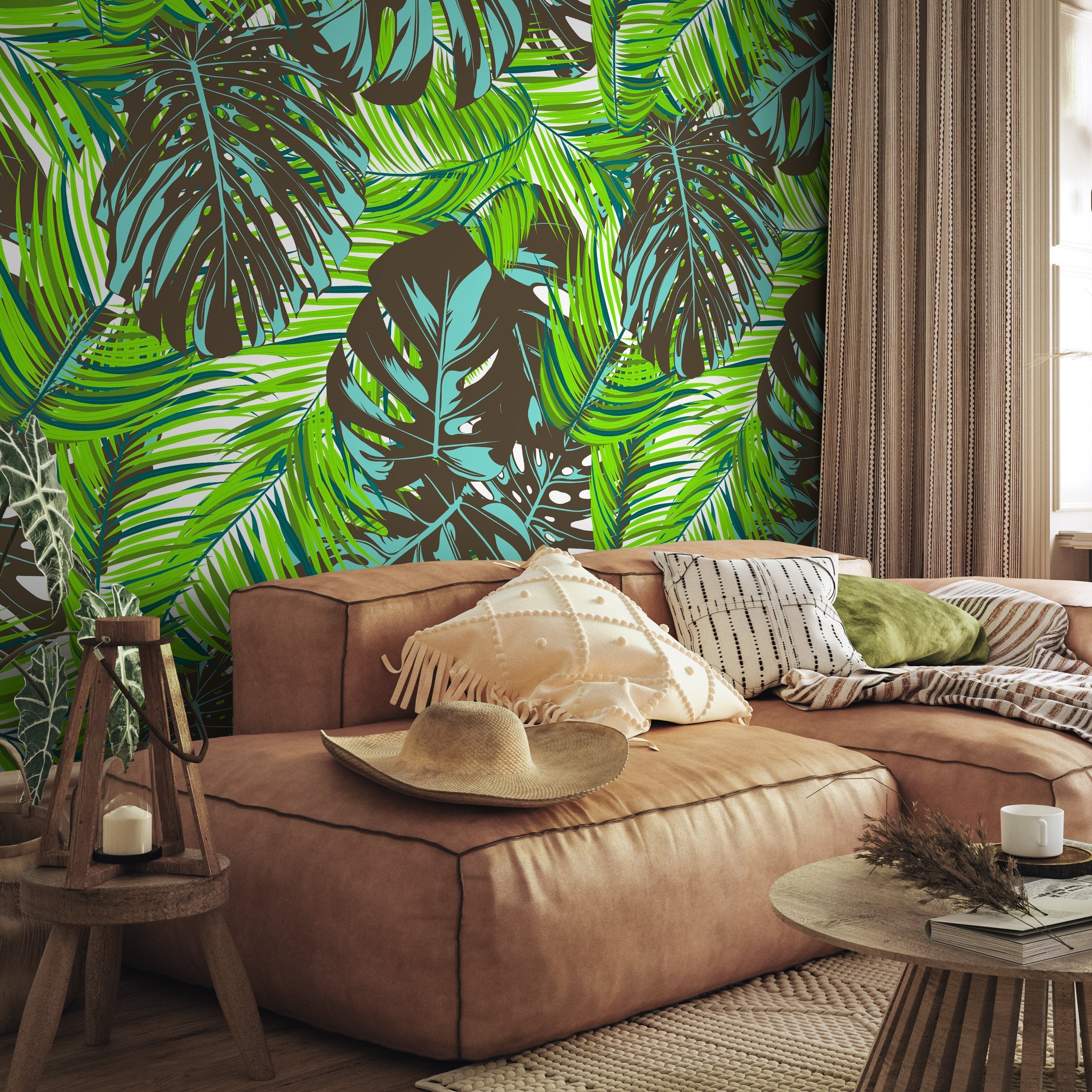 Tropical Wallpaper With Lush Monstera Leaves In Green, Blue, And Brown - B104