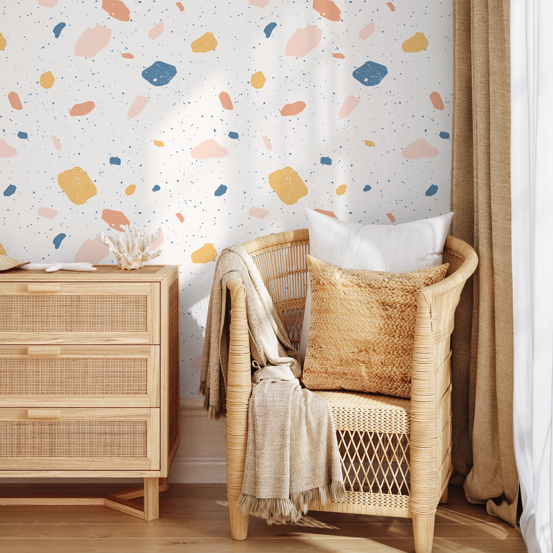 Terrazzo Wallpaper With Abstract Stone Chips In Blue, Pink, And Yellow - B111