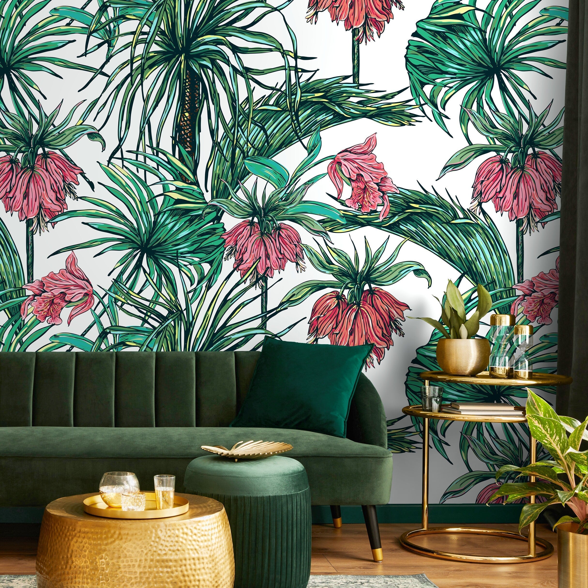 Tropical Wallpaper With Exotic Flowers And Palm Leaves In Green And Red - B114