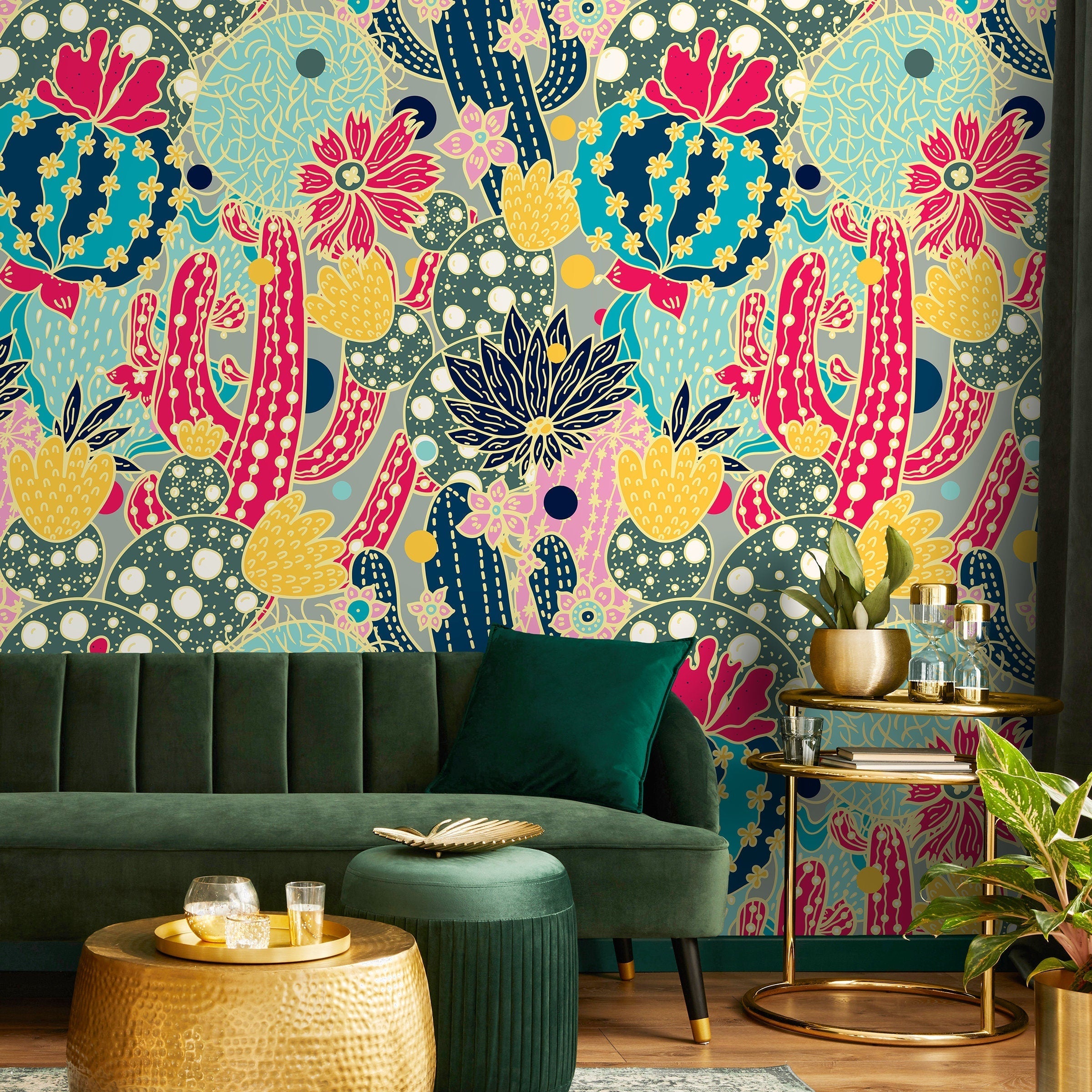 Contemporary Wallpaper Featuring A Bold Cactus Motif In Pink, Blue, And Yellow - A884