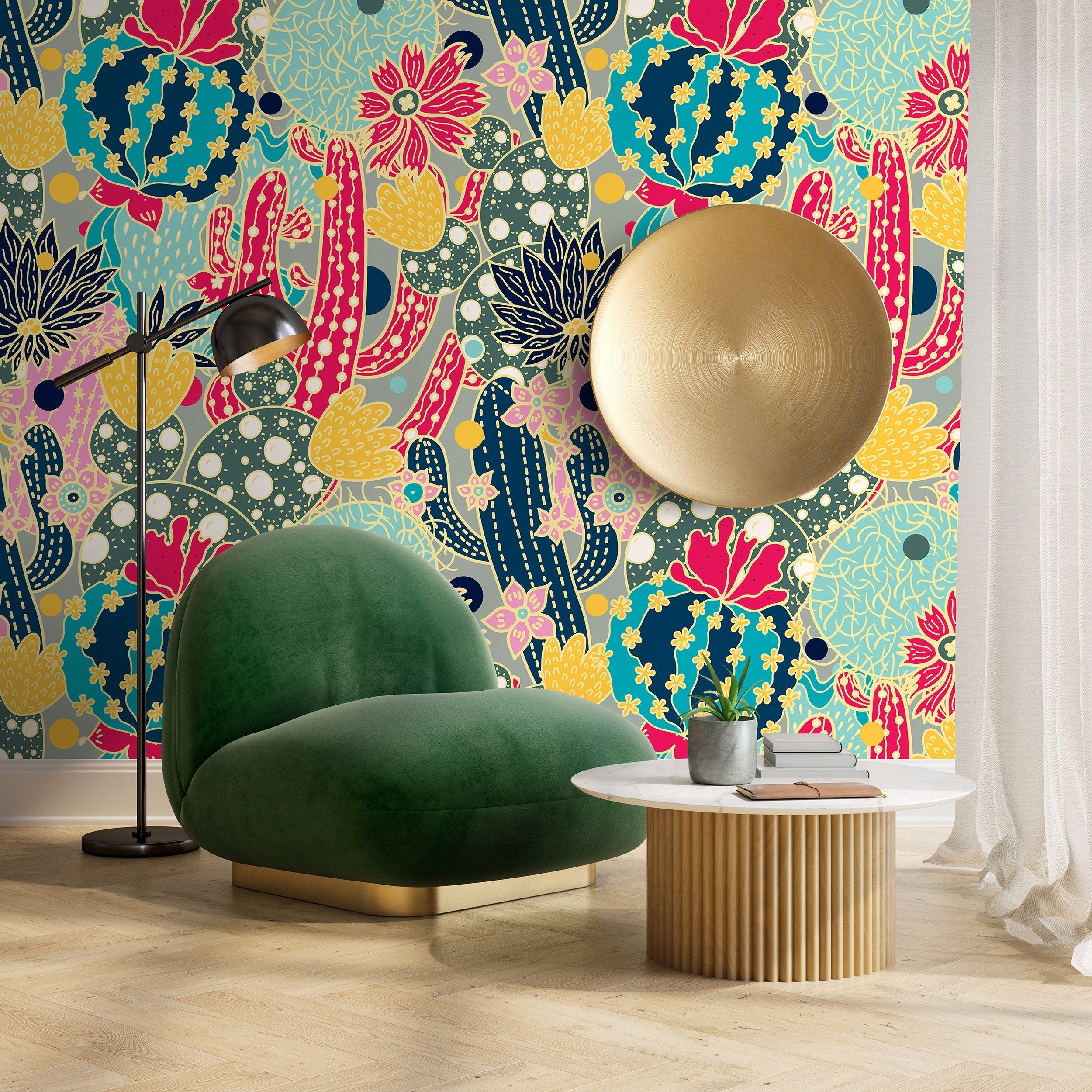 Contemporary Wallpaper Featuring A Bold Cactus Motif In Pink, Blue, And Yellow - A884
