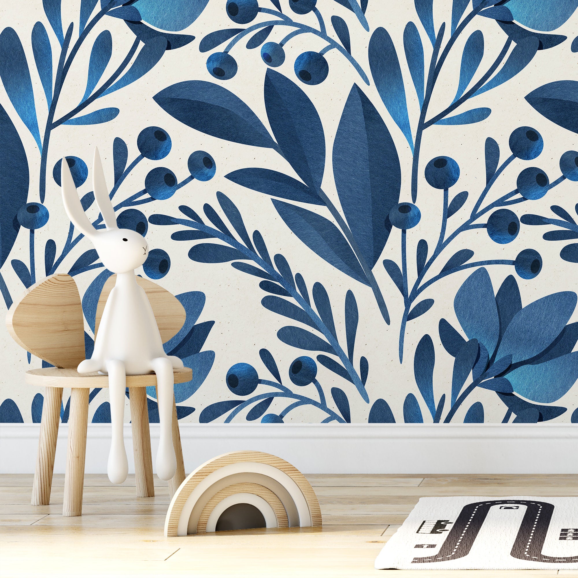 Botanical Wallpaper With Stylized Leaves And Berries In Blue - A371