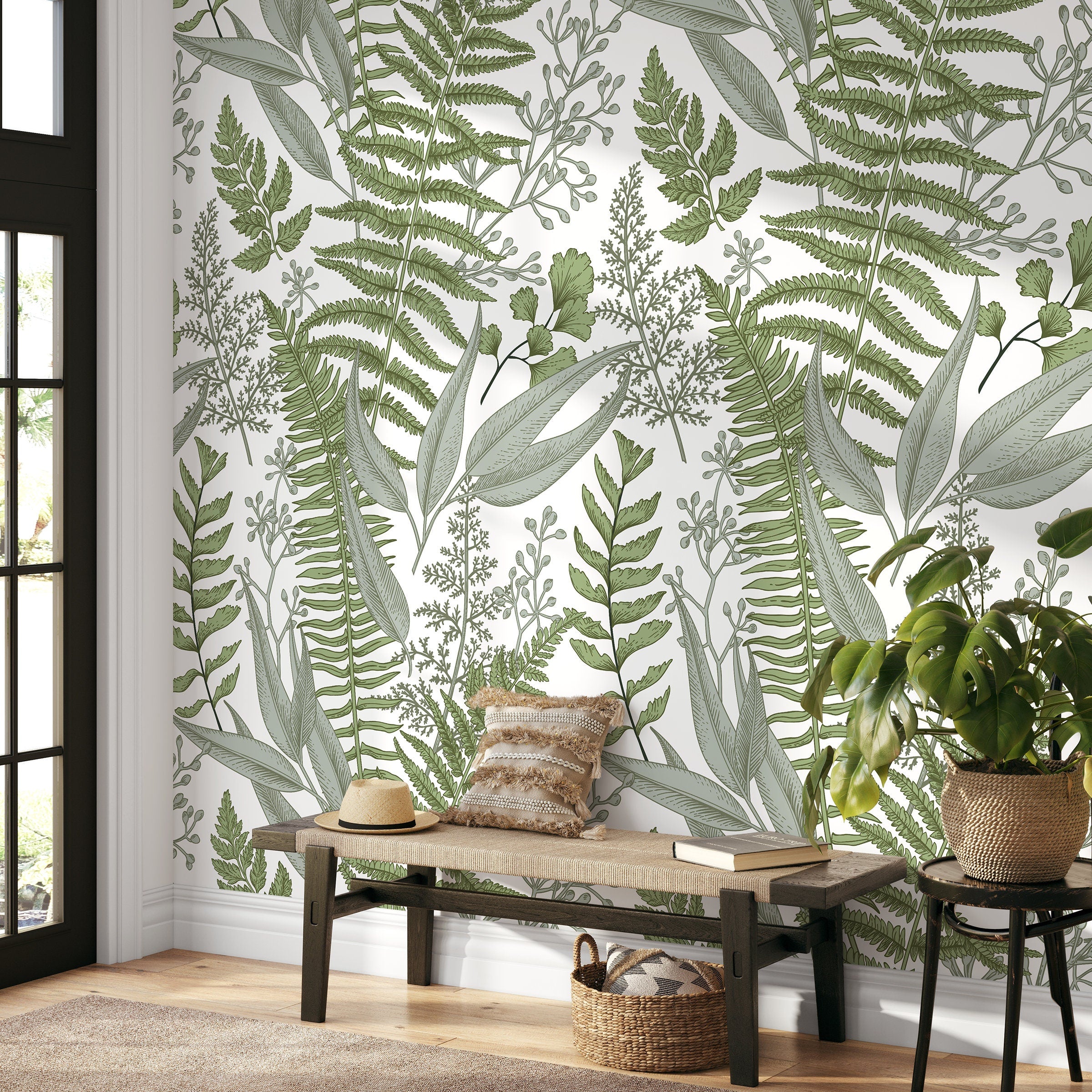 Botanical Wallpaper With Illustrated Fern And Foliage In Green And Sage - A530