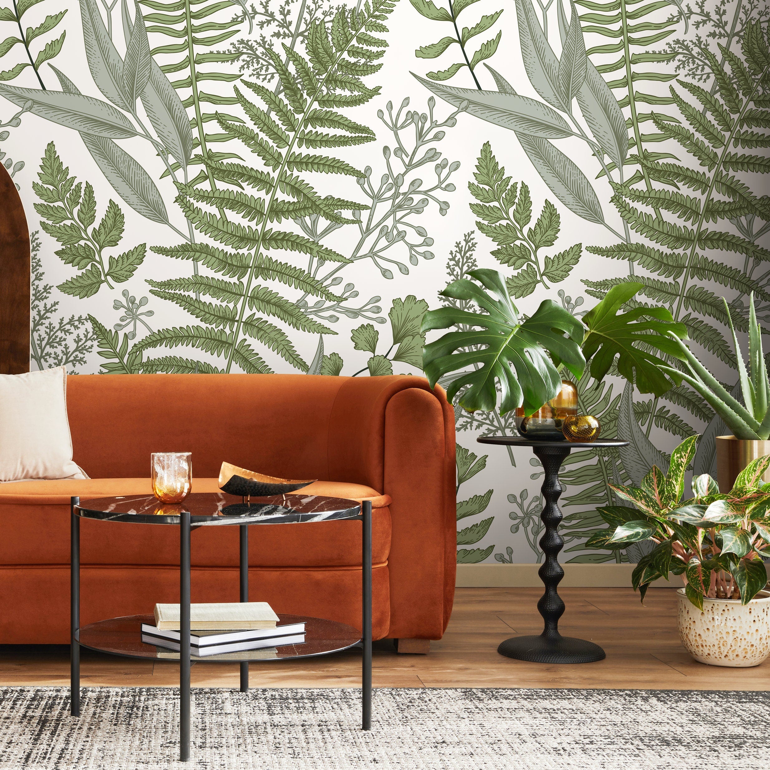 Botanical Wallpaper With Illustrated Fern And Foliage In Green And Sage - A530