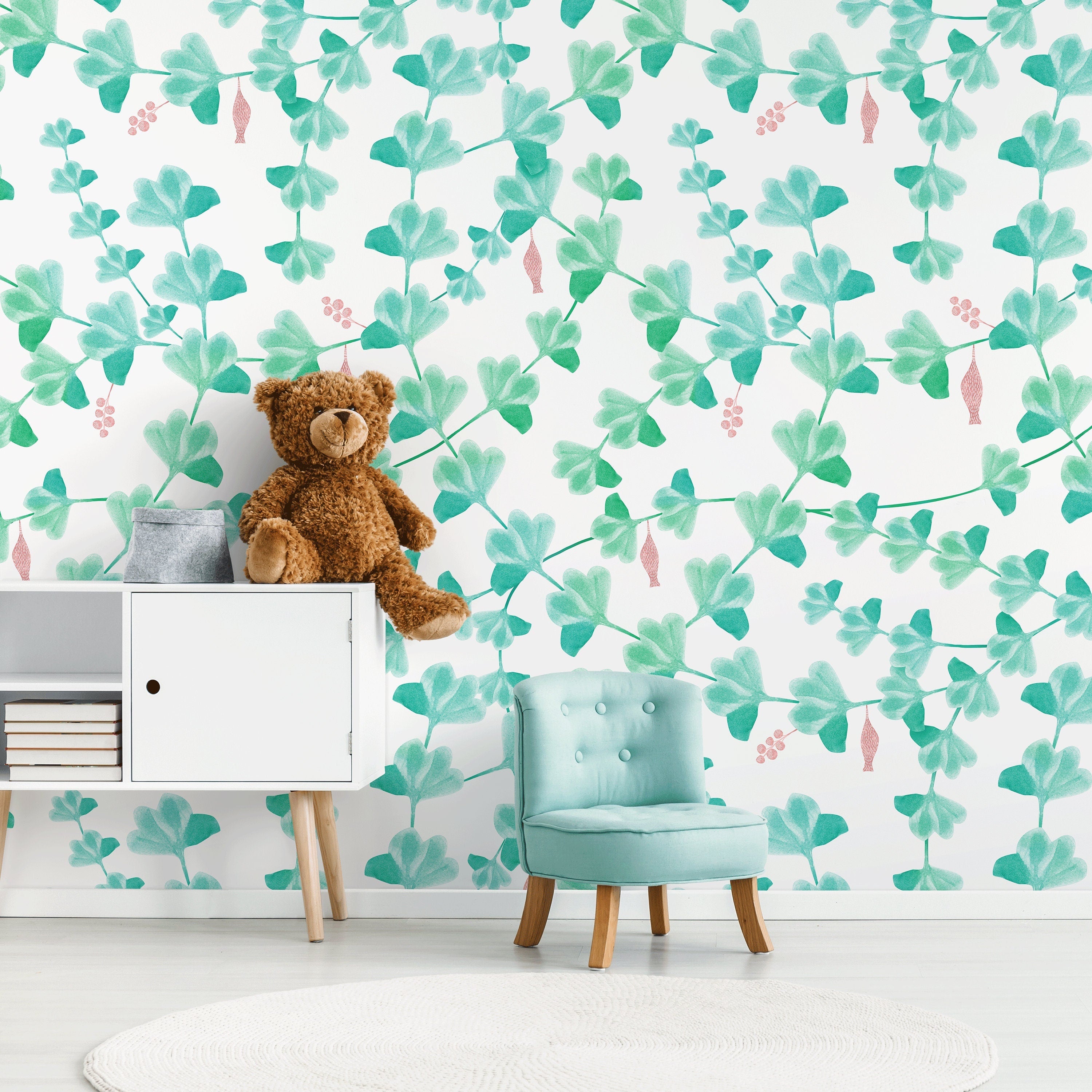 Botanical Wallpaper With A Whimsical Climbing Vine Motif In Green And Pink - X013
