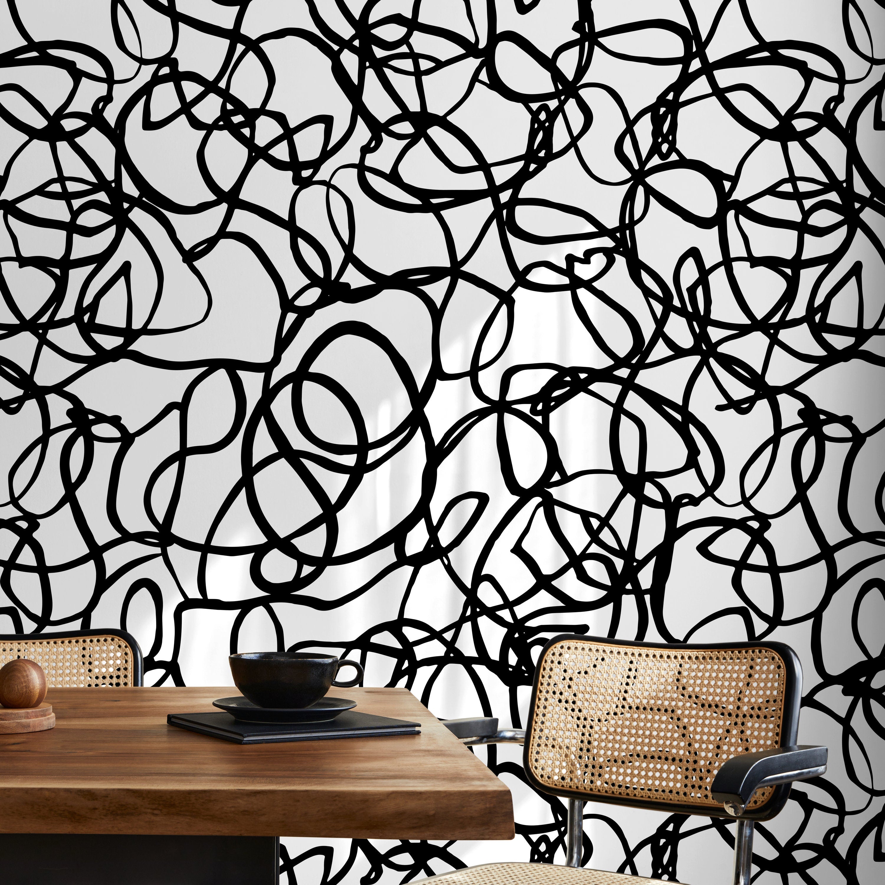 Abstract Wallpaper With Bold Scribbles And Loops In Black And White - X081