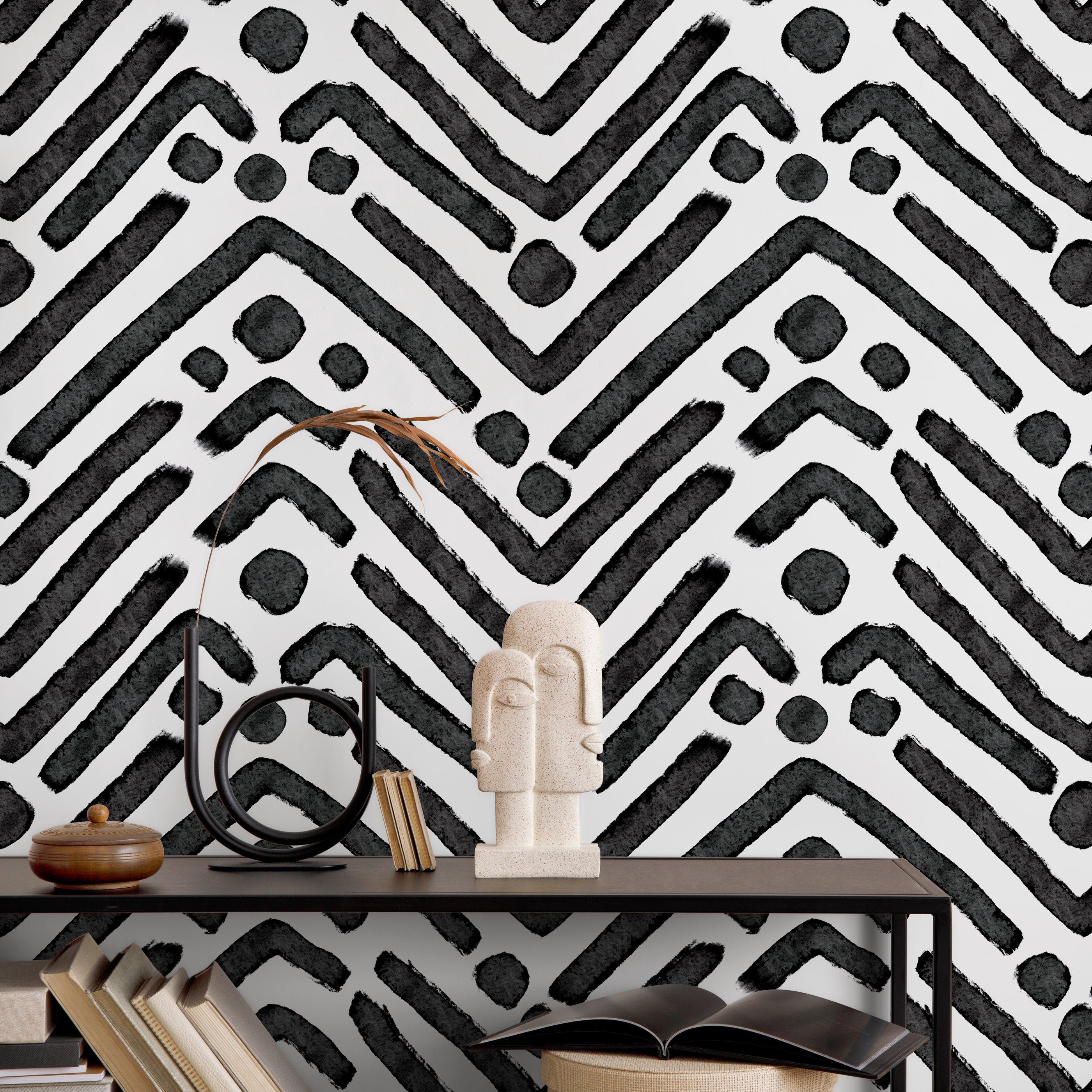 Geometric Wallpaper With A Hand-painted Chevron Motif In Black And White - X104