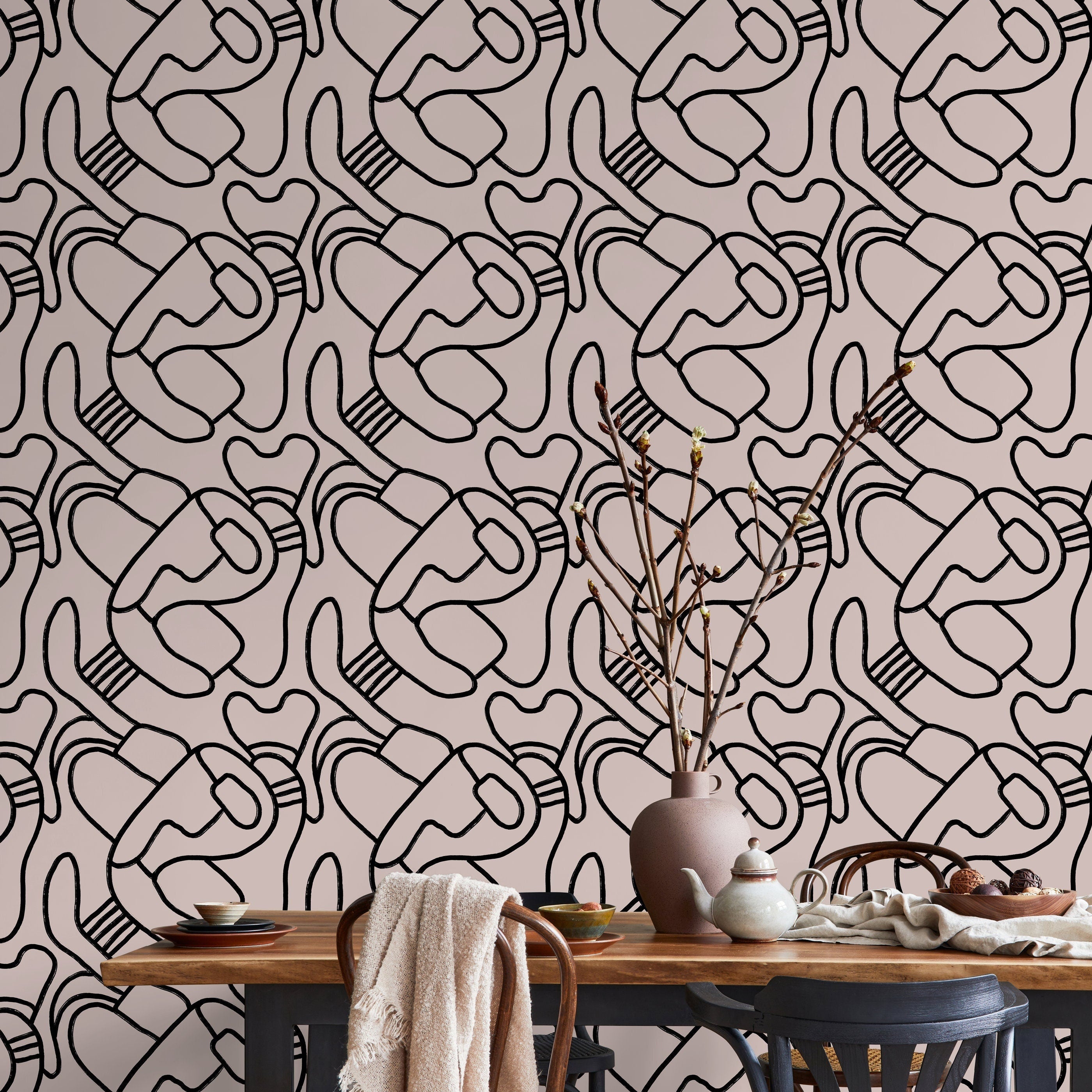 Abstract Wallpaper With Bold Hand-drawn Lines In Black And Taupe - X108
