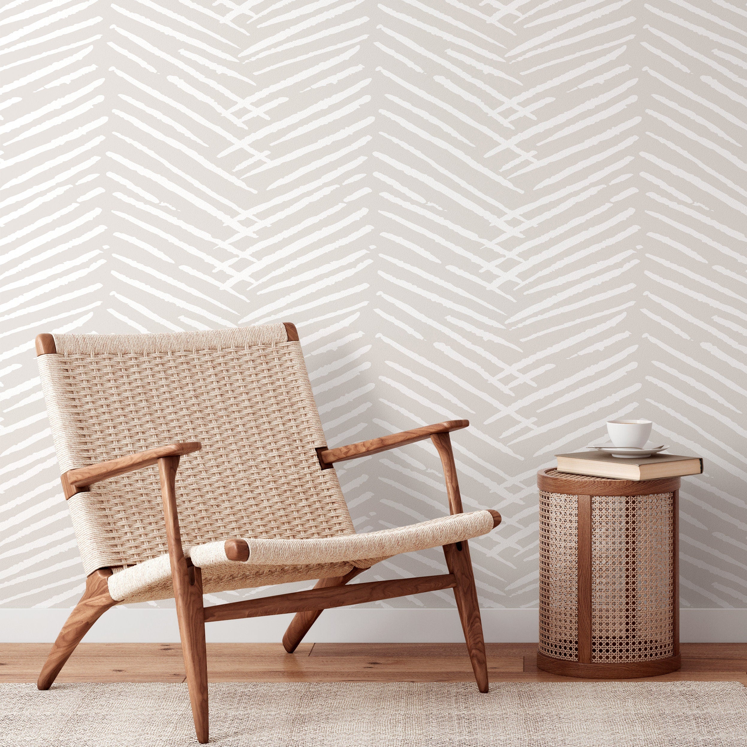 Abstract Wallpaper With A Textured Herringbone Motif In Nude Beige And White - C519