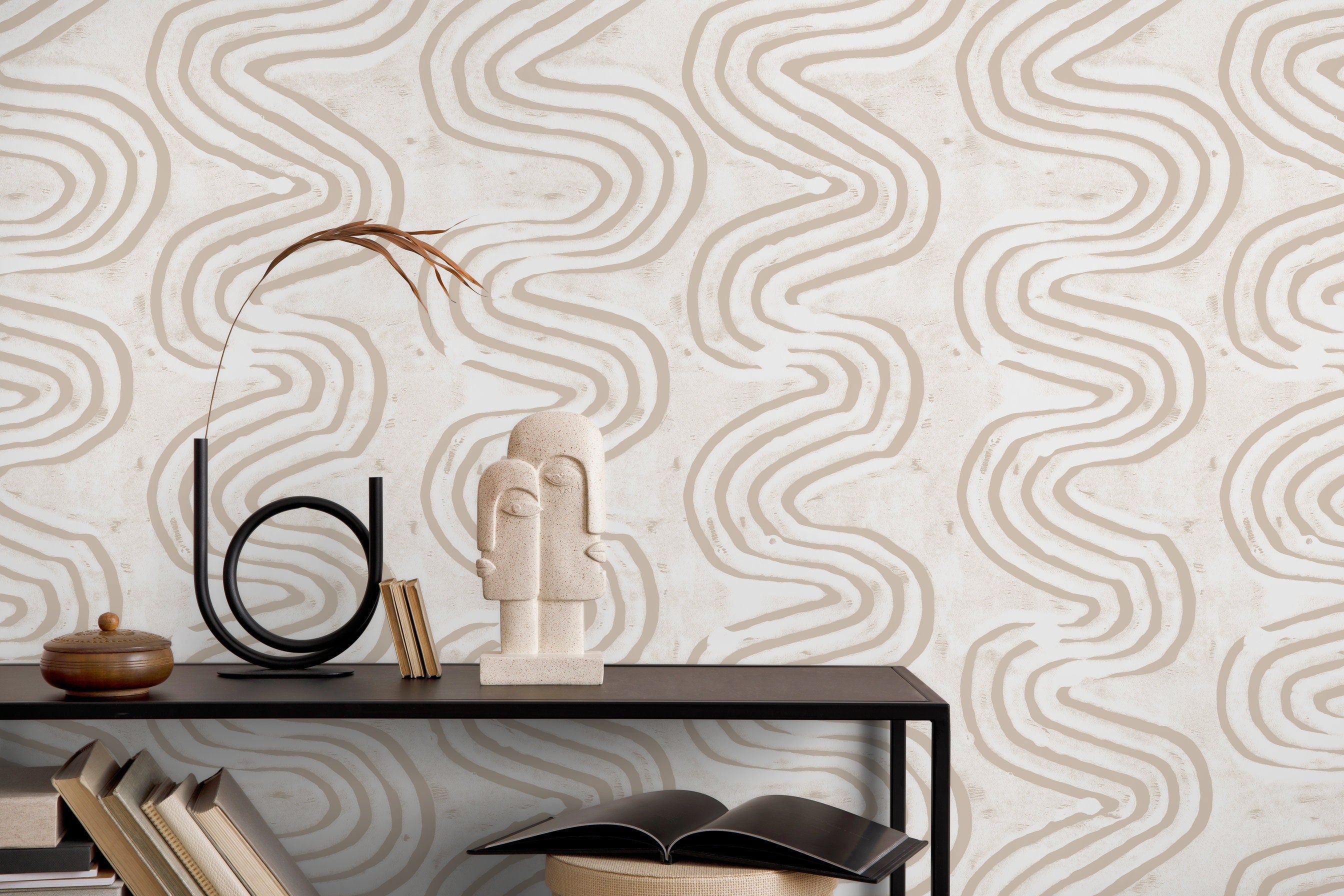 Abstract Wallpaper With Organic Wavy Lines In Beige And Cream - X093