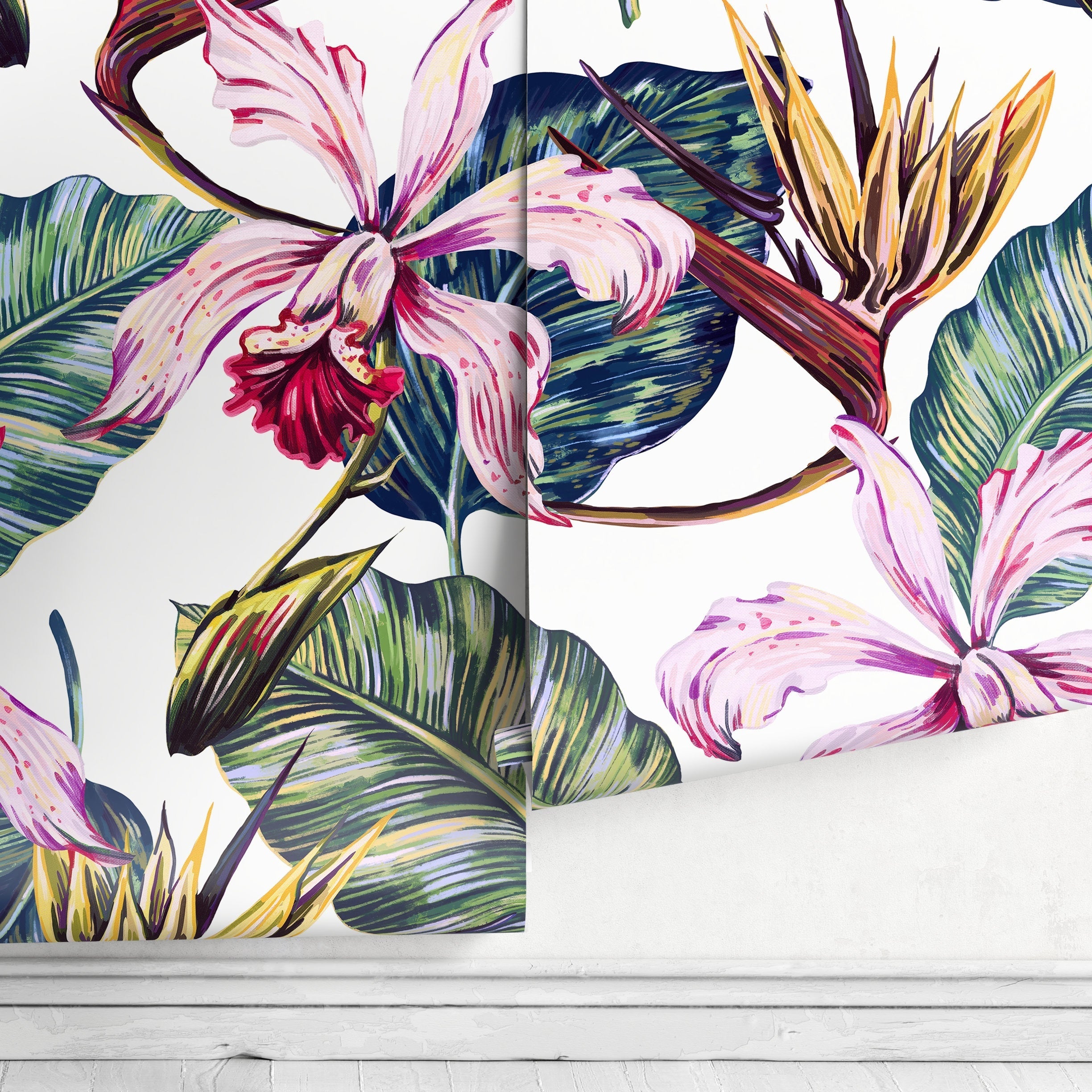 Botanical Wallpaper With Painted Orchids And Banana Leaves In Pink And Green - A584
