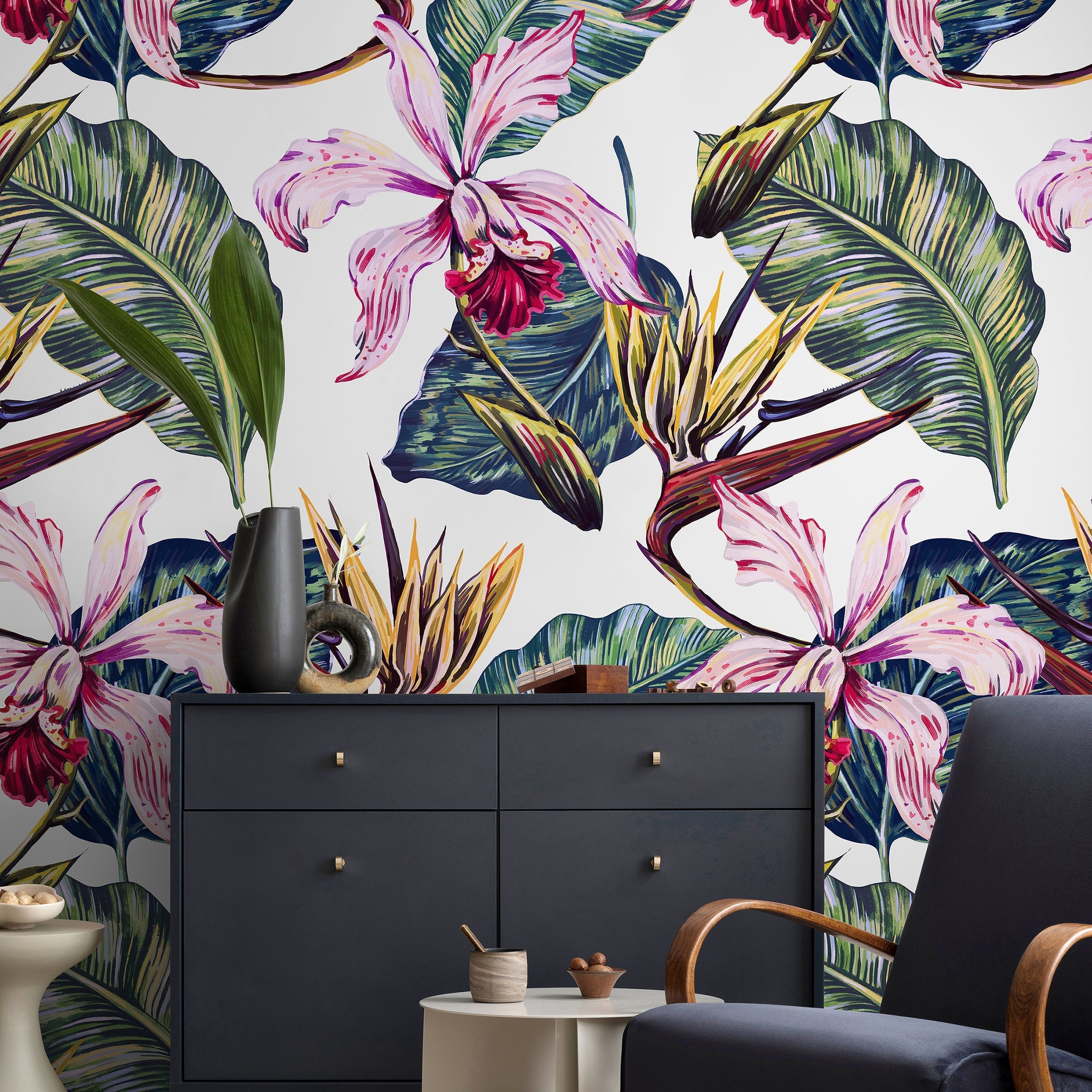Botanical Wallpaper With Painted Orchids And Banana Leaves In Pink And Green - A584