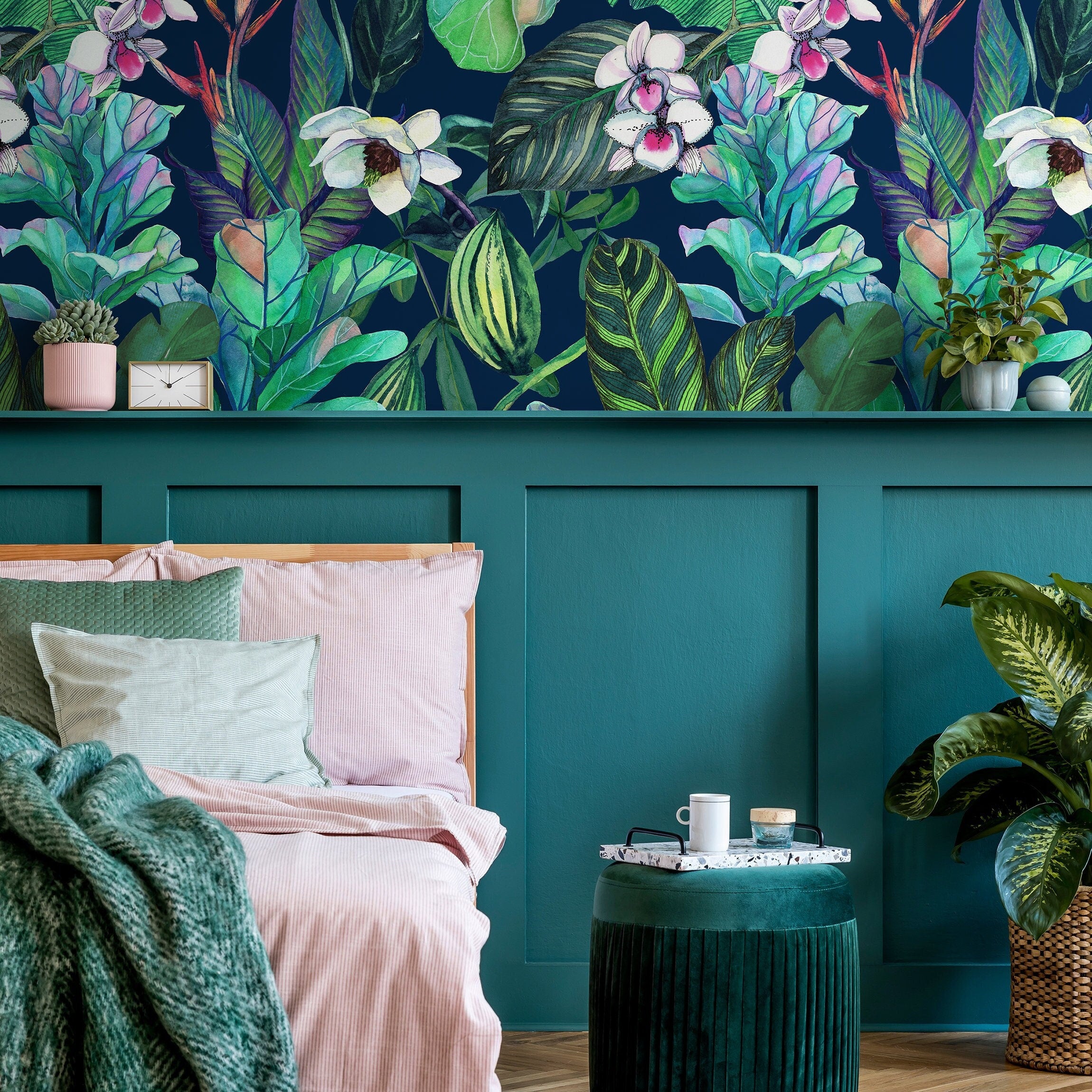 Tropical Wallpaper With Orchids And Jungle Leaves In Navy, Green, And Pink - B141