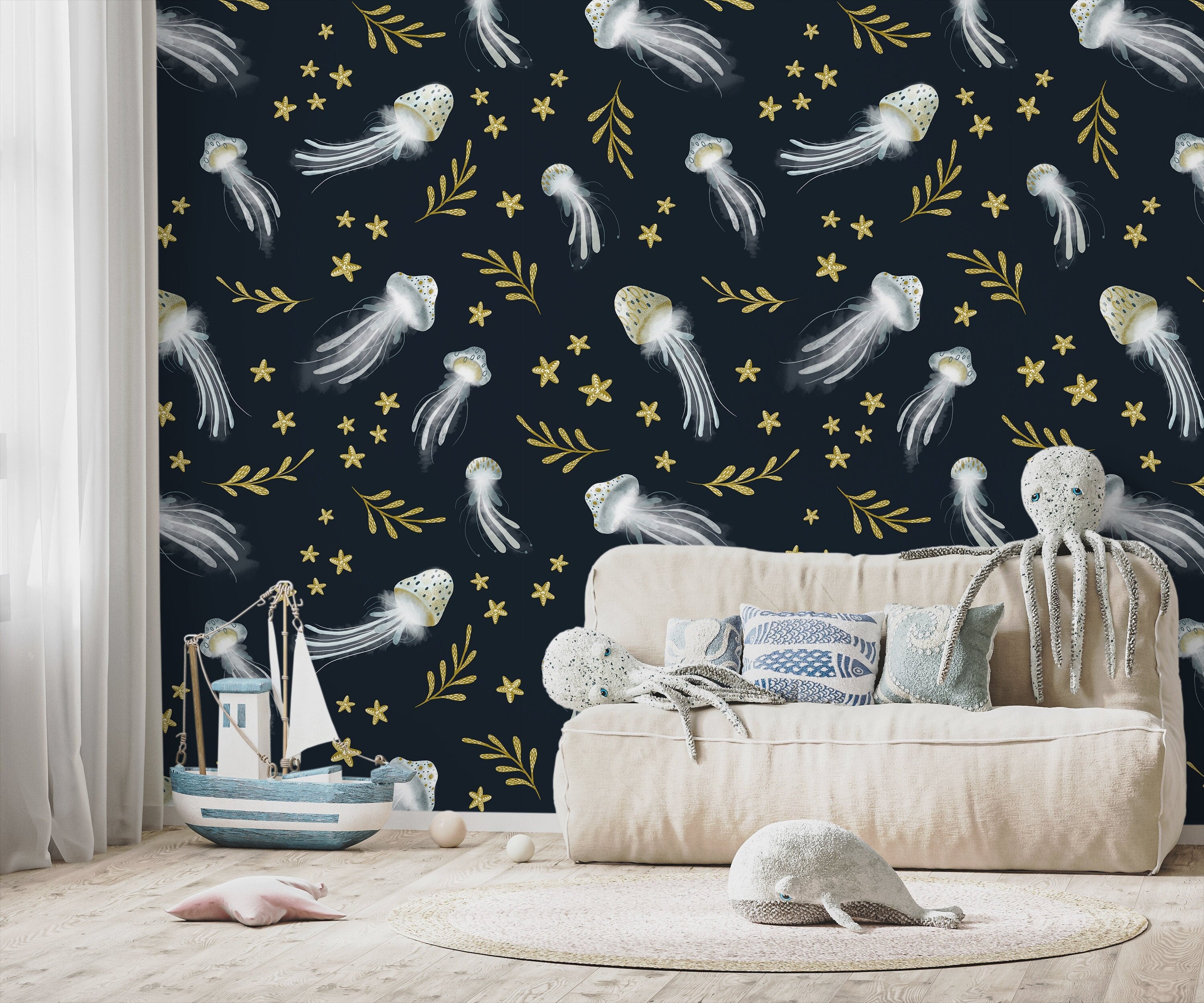 Nautical Wallpaper With Whimsical Jellyfish In Navy Blue, Gold, And White - X120