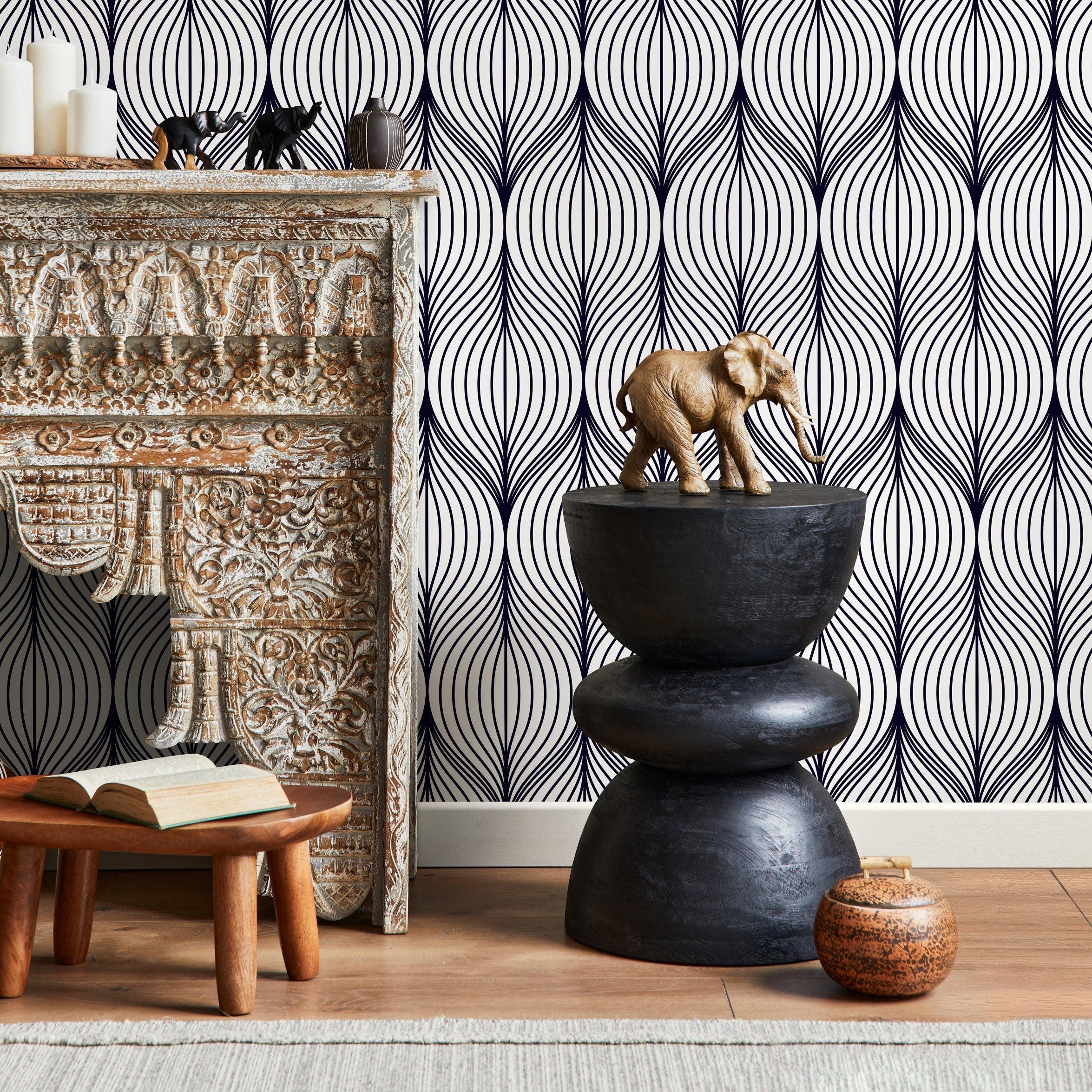 Geometric Wallpaper With Wavy Art Deco Lines In Black - A725