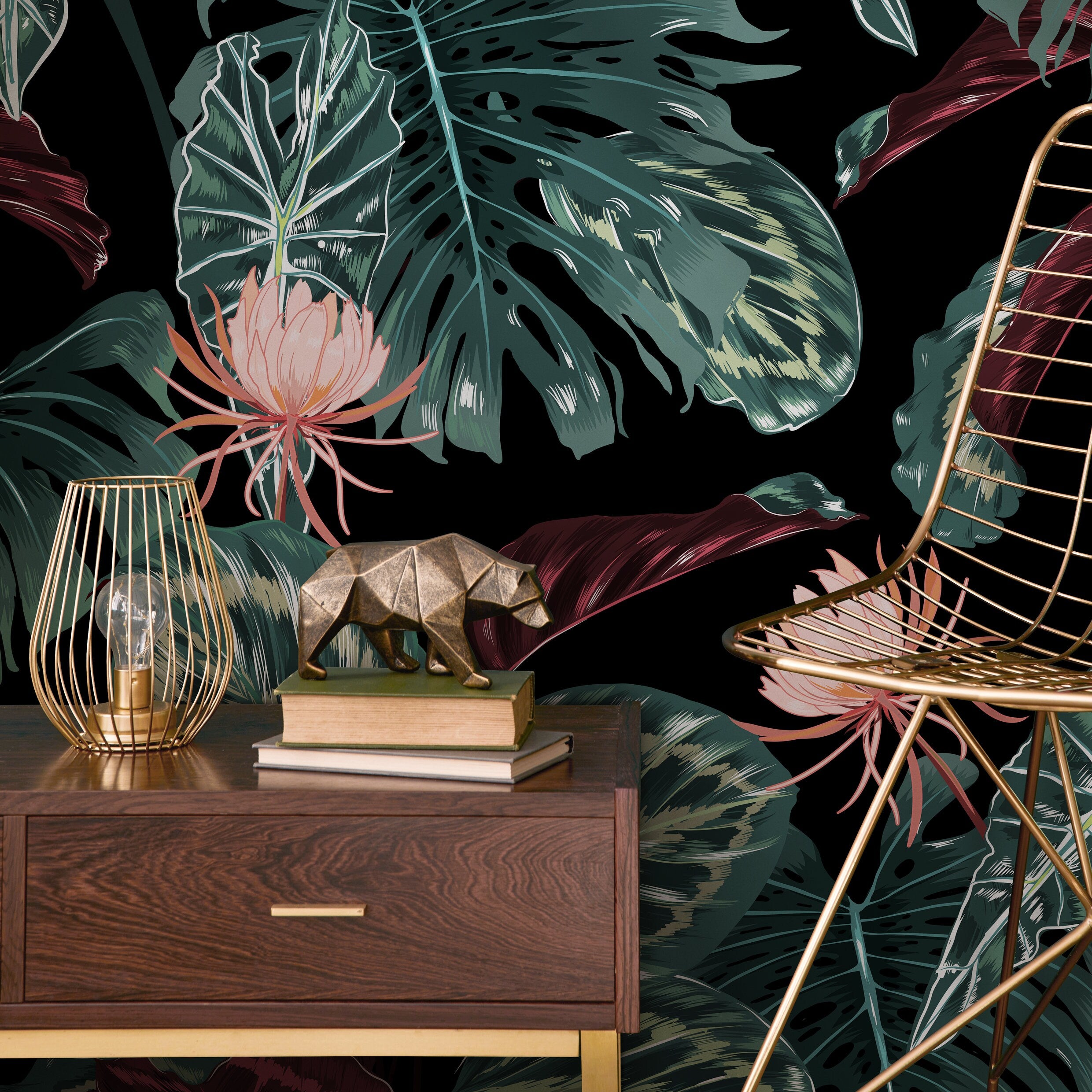 Tropical Wallpaper With Exotic Jungle Leaves And Flowers In Green, Pink, And Black - B071