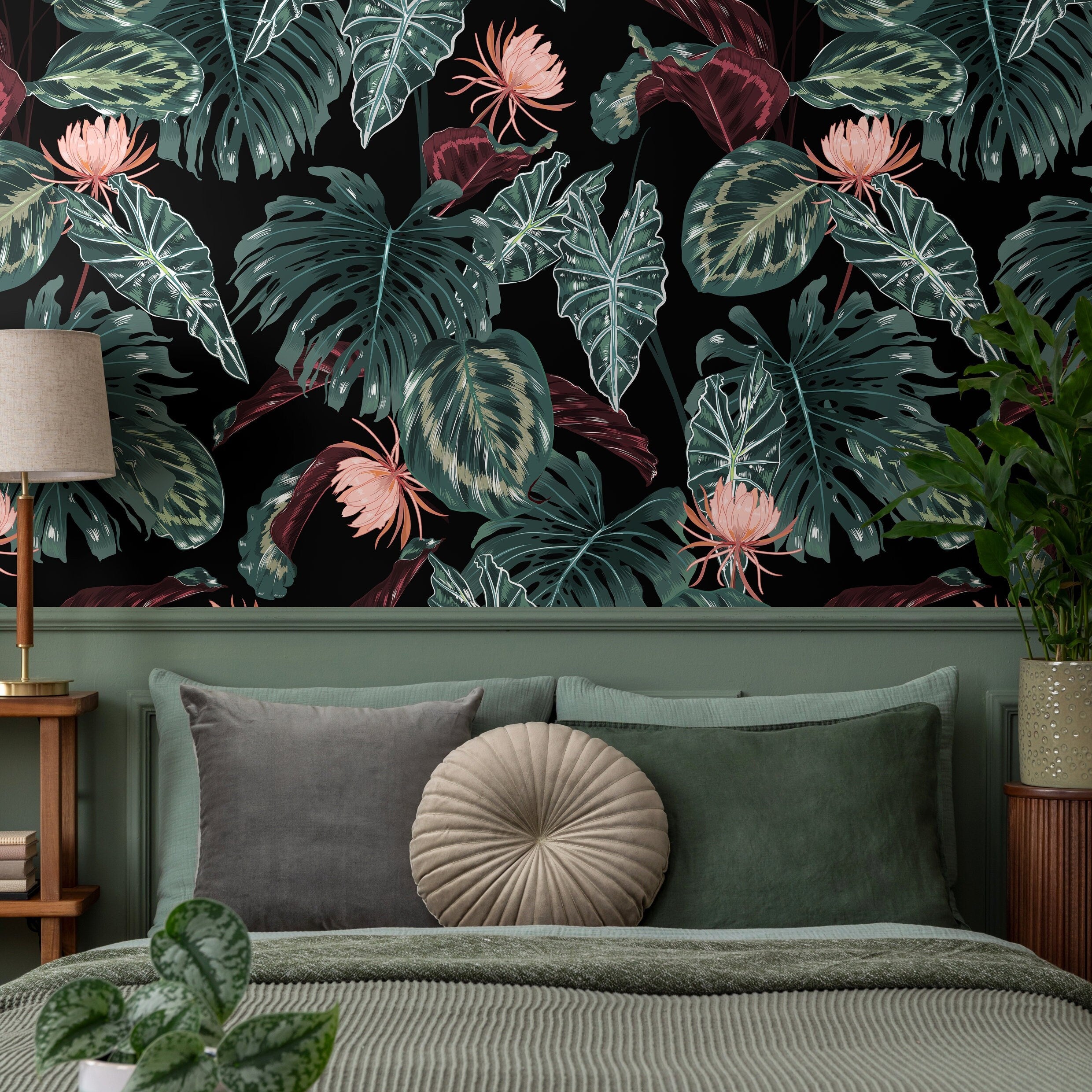 Tropical Wallpaper With Exotic Jungle Leaves And Flowers In Green, Pink, And Black - B071