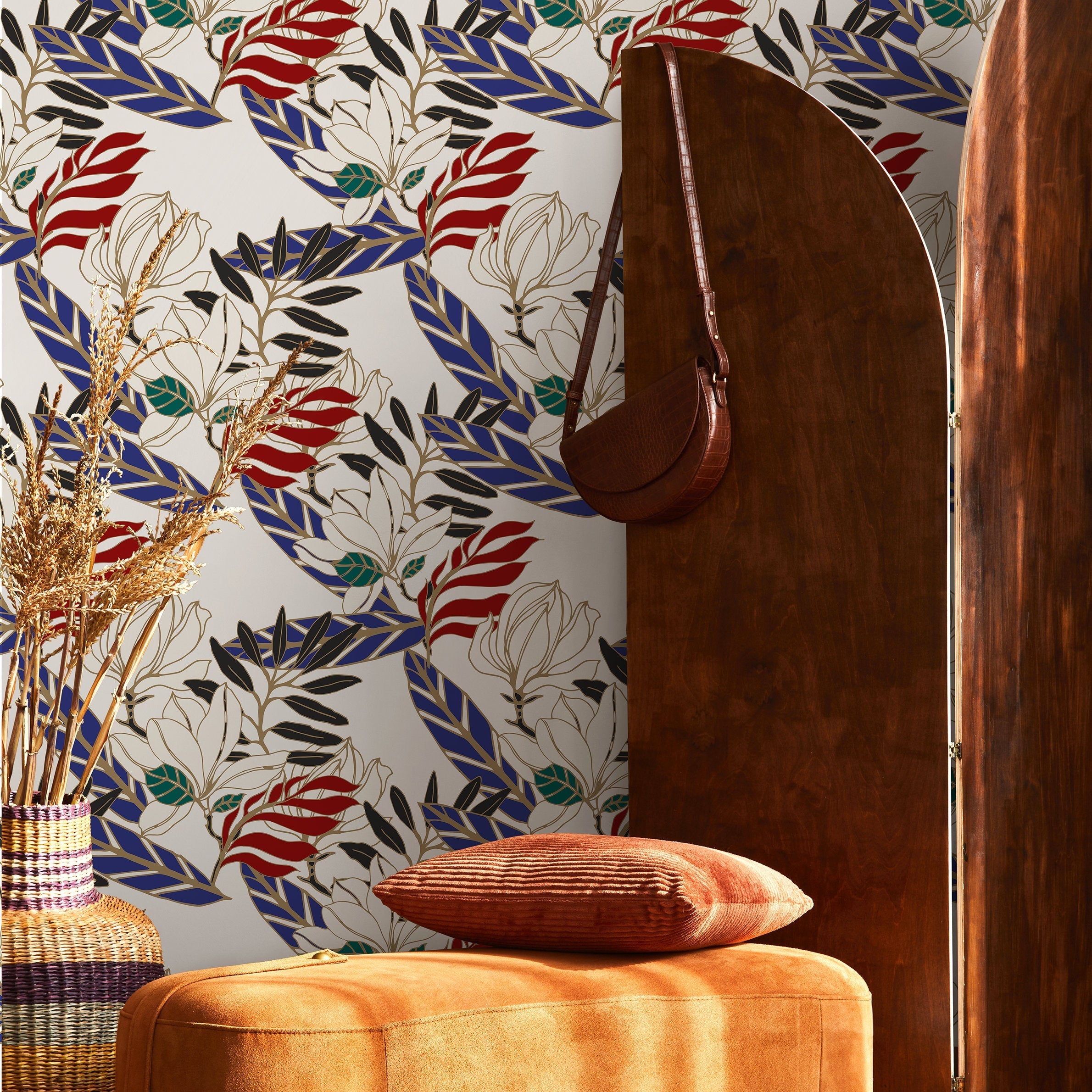 Floral Wallpaper With A Bold Botanical Print In Blue, Red, Black, And Gold - B321