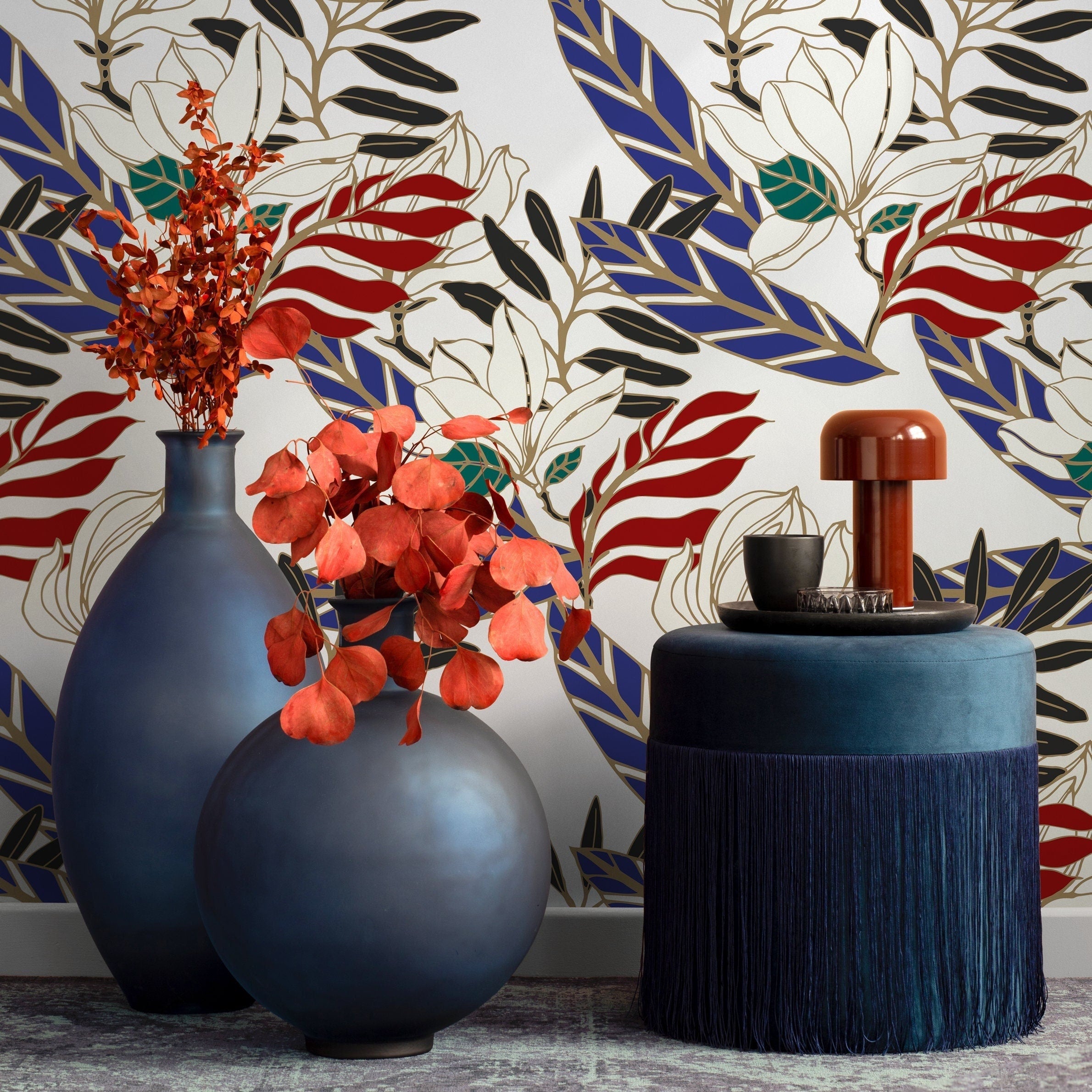 Floral Wallpaper With A Bold Botanical Print In Blue, Red, Black, And Gold - B321