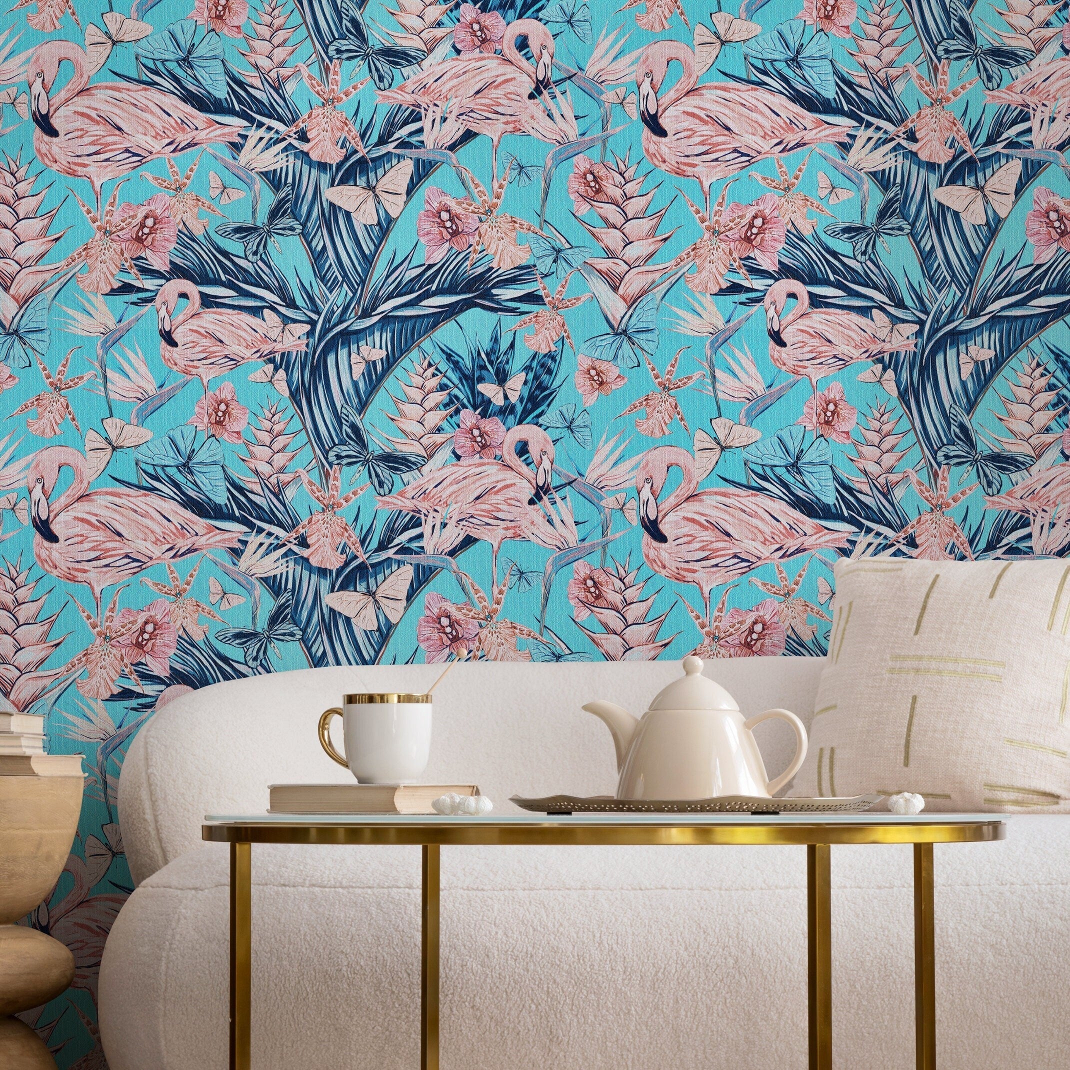 Tropical Wallpaper With Flamingos And Butterflies In Turquoise And Pink - B115