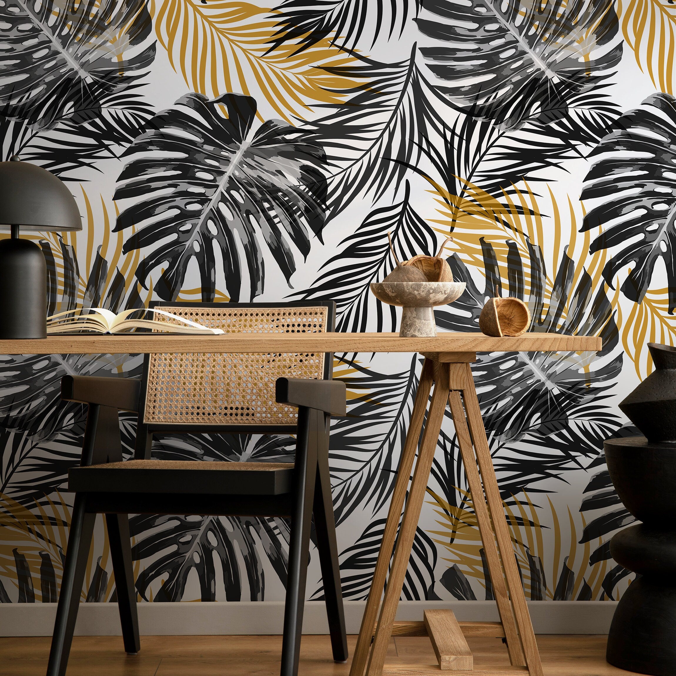 Botanical Wallpaper With Tropical Monstera Leaves In Black, Gray, And Gold - B119