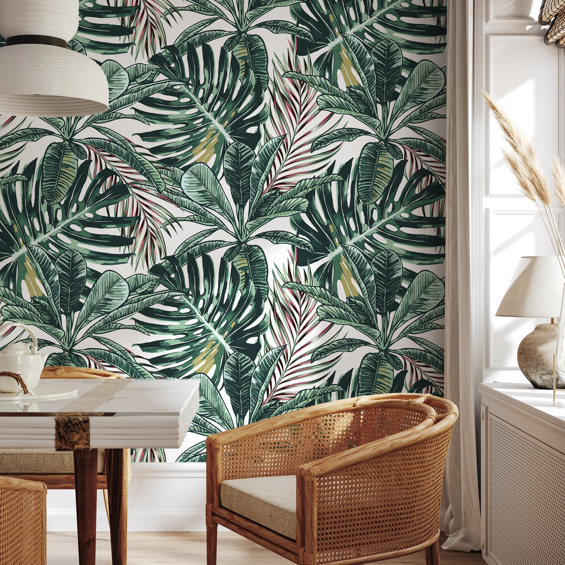 Tropical Wallpaper Featuring Lush Monstera And Palm Leaves In Green And Red - B120