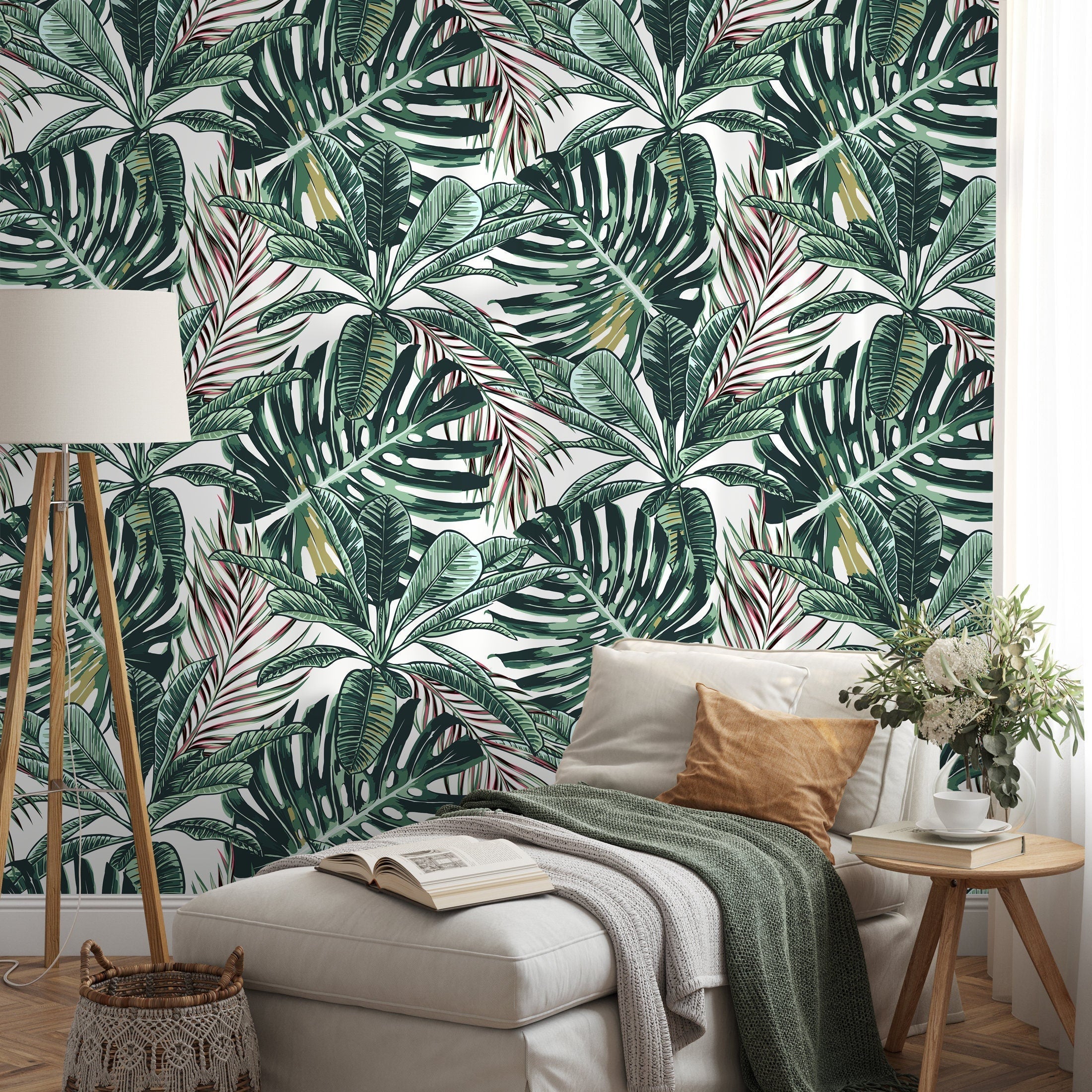 Tropical Wallpaper Featuring Lush Monstera And Palm Leaves In Green And Red - B120