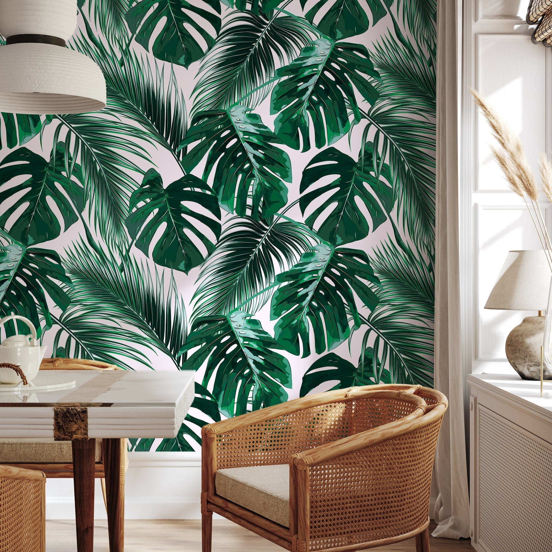 Tropical Wallpaper Featuring Monstera And Palm Leaves In Green - B125