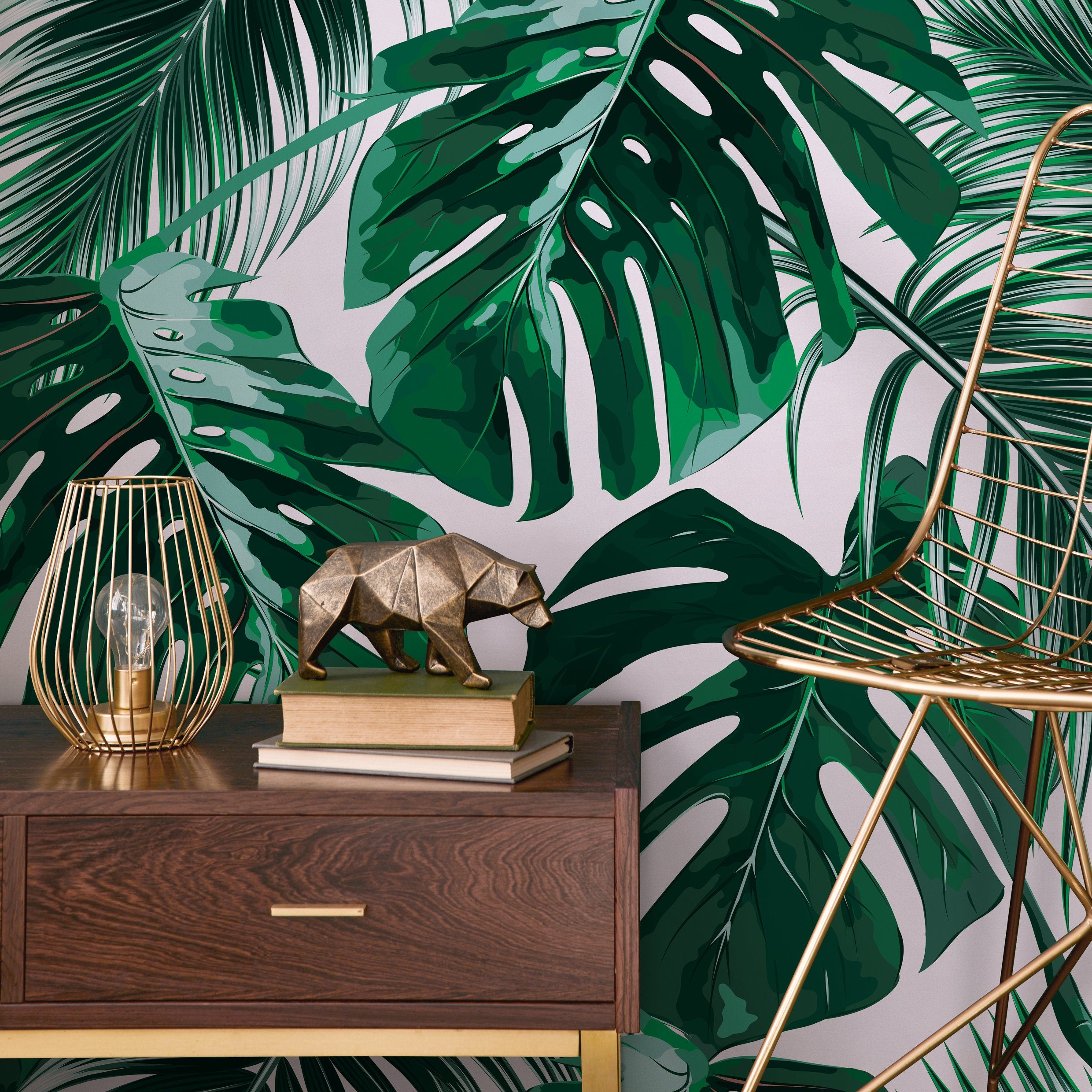 Tropical Wallpaper Featuring Monstera And Palm Leaves In Green - B125