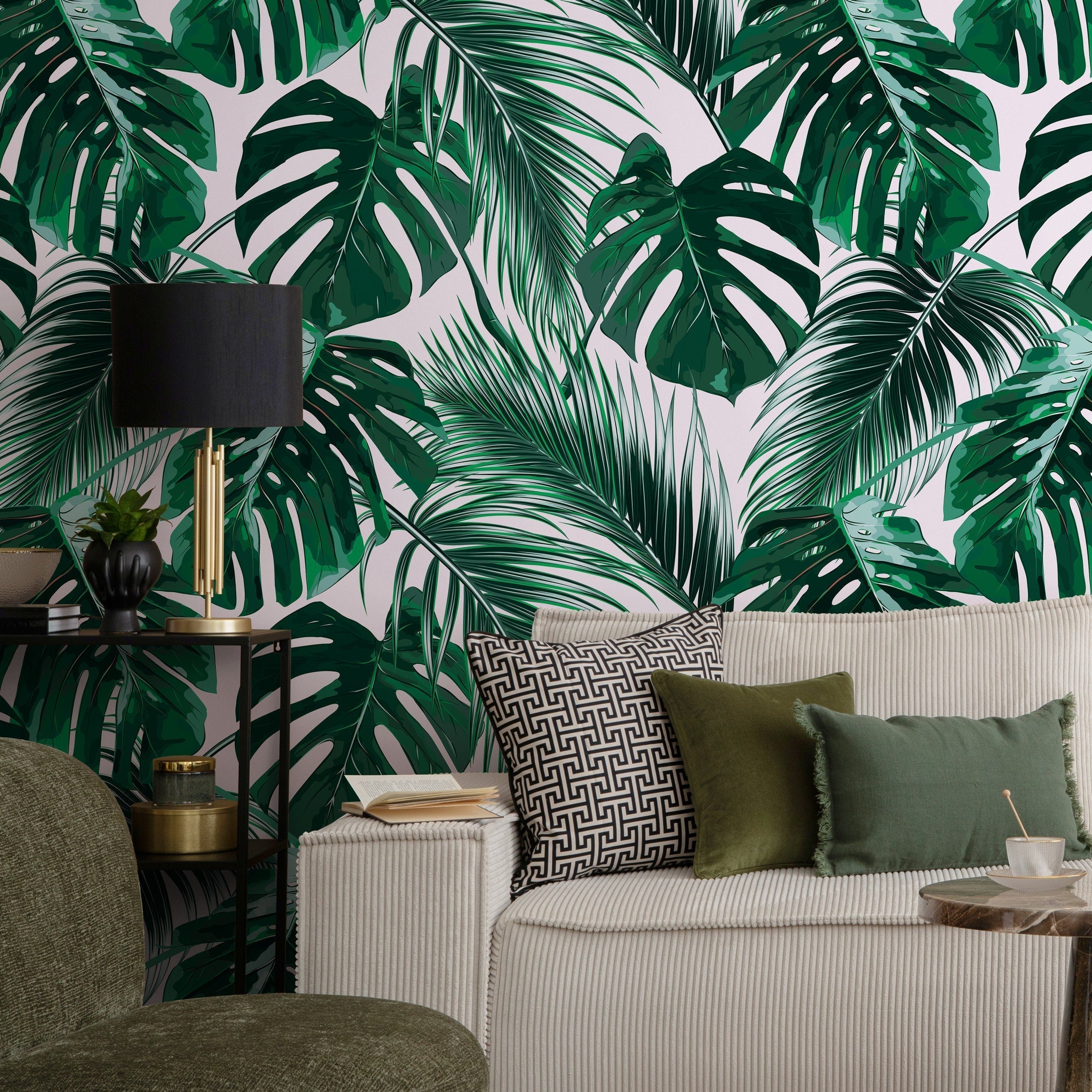 Tropical Wallpaper Featuring Monstera And Palm Leaves In Green - B125