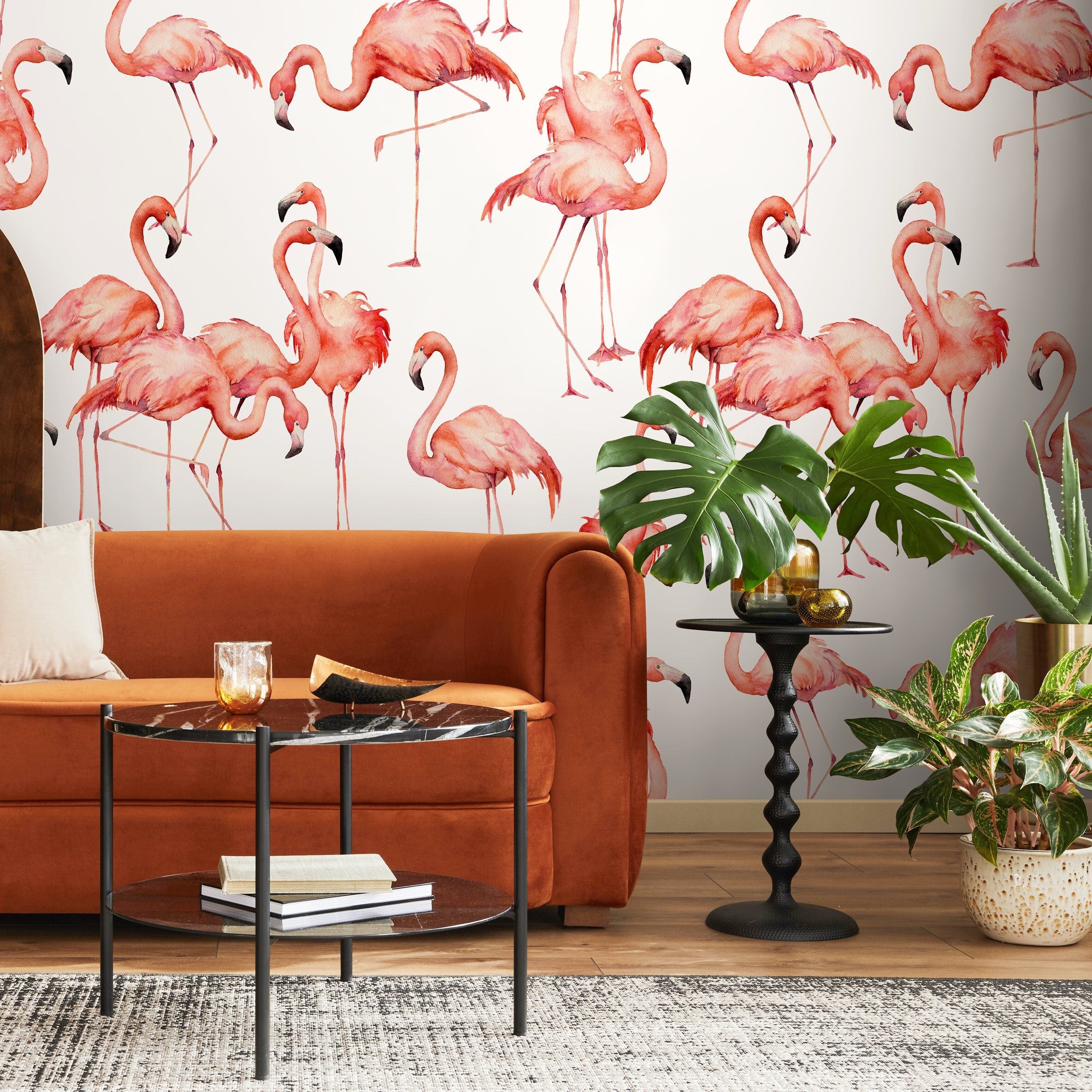Animal Wallpaper With A Watercolor Flamingo Motif In Pink - B323