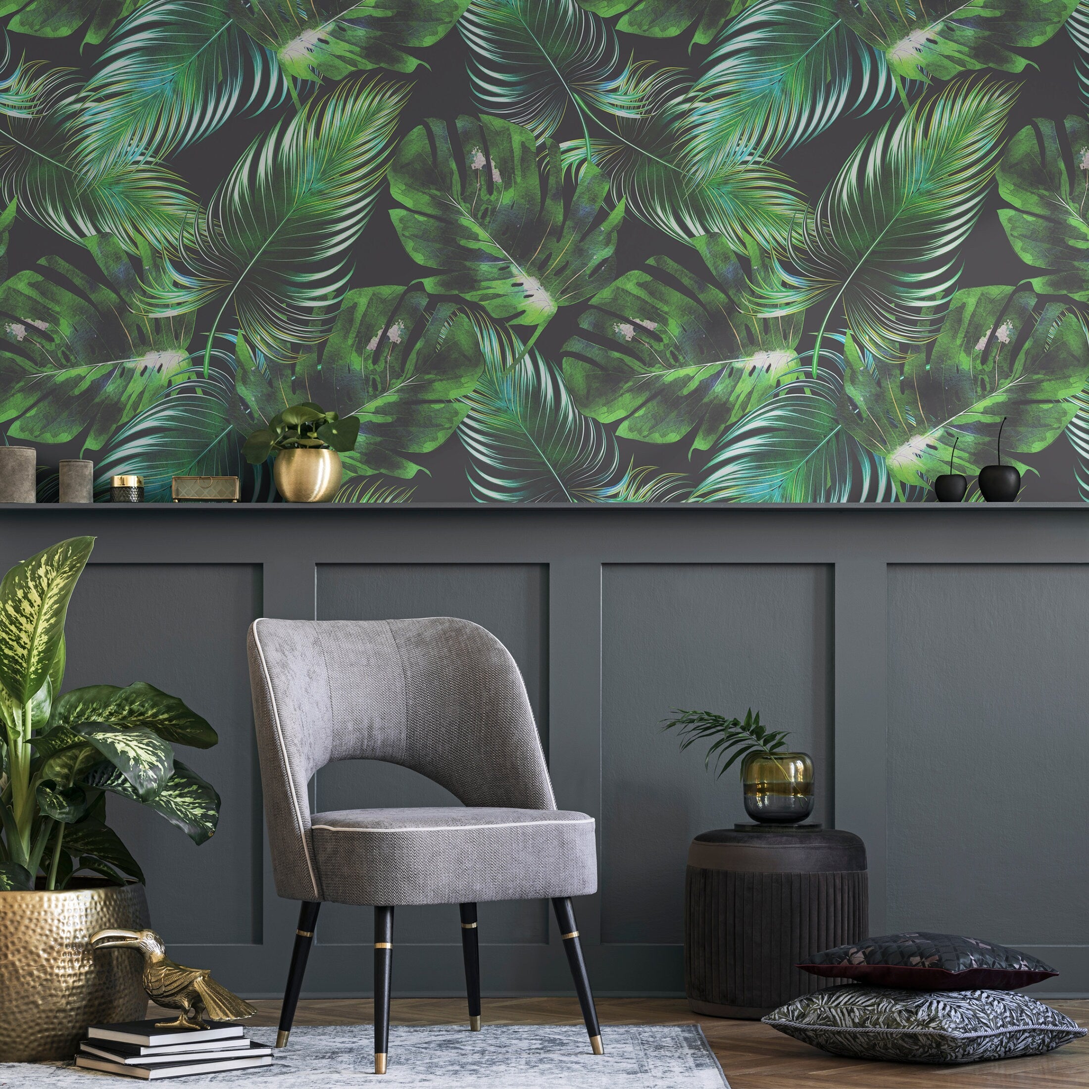 Botanical Wallpaper With Monstera And Palm Leaves In Green And Gray - B126