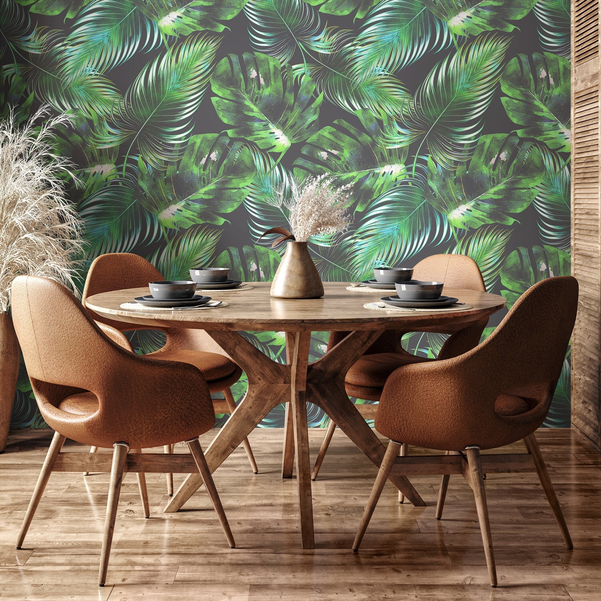 Botanical Wallpaper With Monstera And Palm Leaves In Green And Gray - B126
